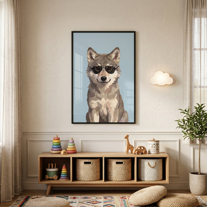 Black aviator sunglasses wolf wall art hangs over a toy shelf in a room with a cloud light and neutral decor.