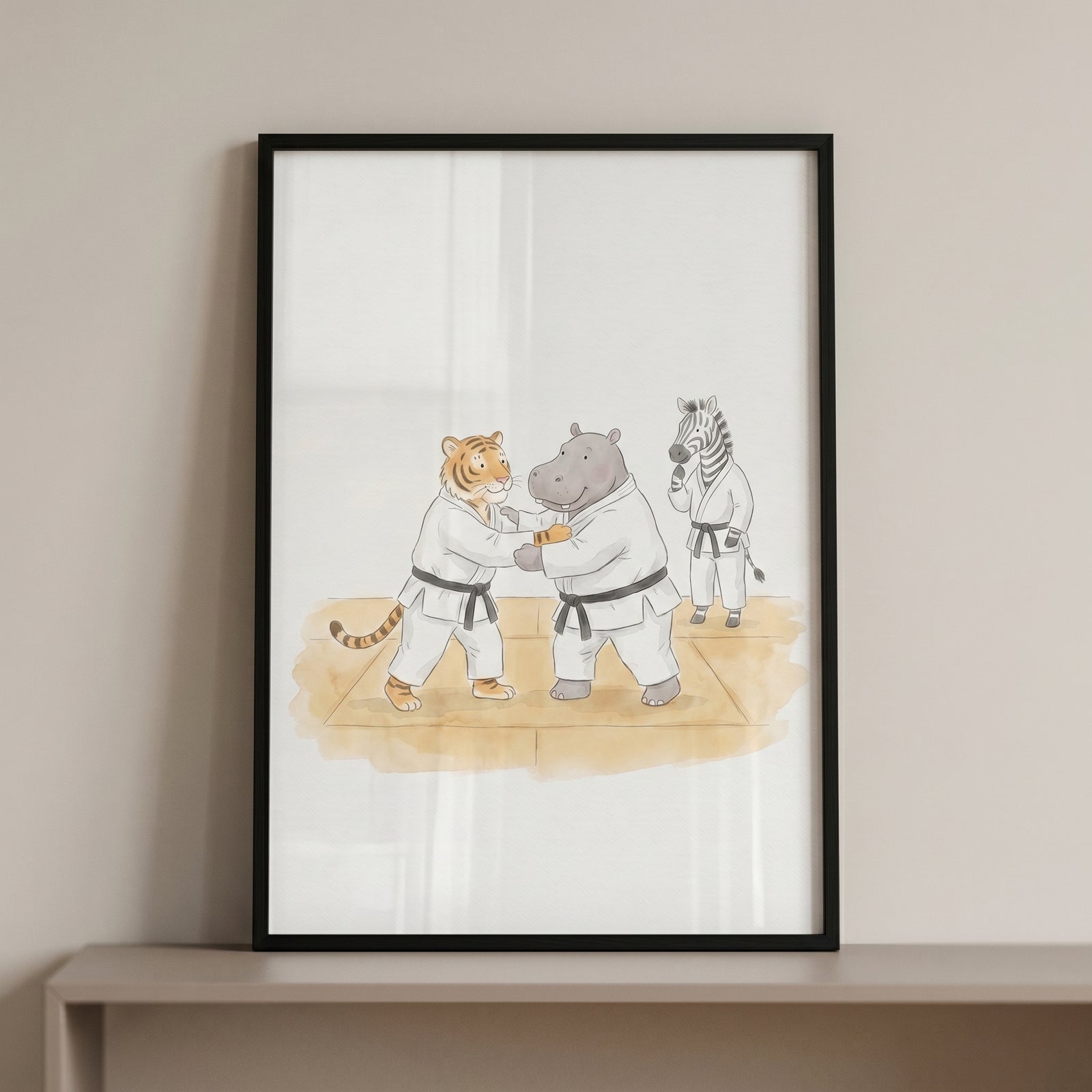 Tiger and hippo sparring on a mat with a zebra watching in this framed black belt judo animals artwork.