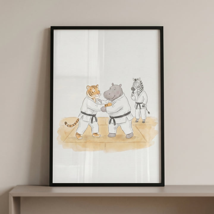 Tiger and hippo sparring on a mat with a zebra watching in this framed black belt judo animals artwork.