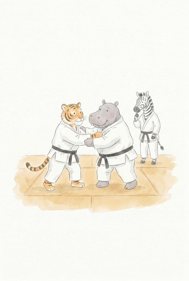 Tiger and hippo grapple on a mat while a zebra watches in this black belt judo animals artwork.