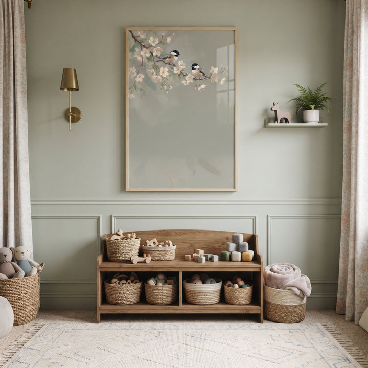 Sage green nursery features black capped chickadee floral wall art above a wooden toy bench and woven baskets on a rug.