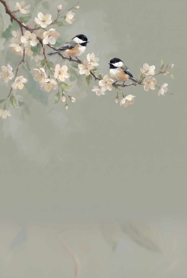 Two birds on a flowering branch in this black capped chickadee floral wall art with cream blossoms and a soft background.