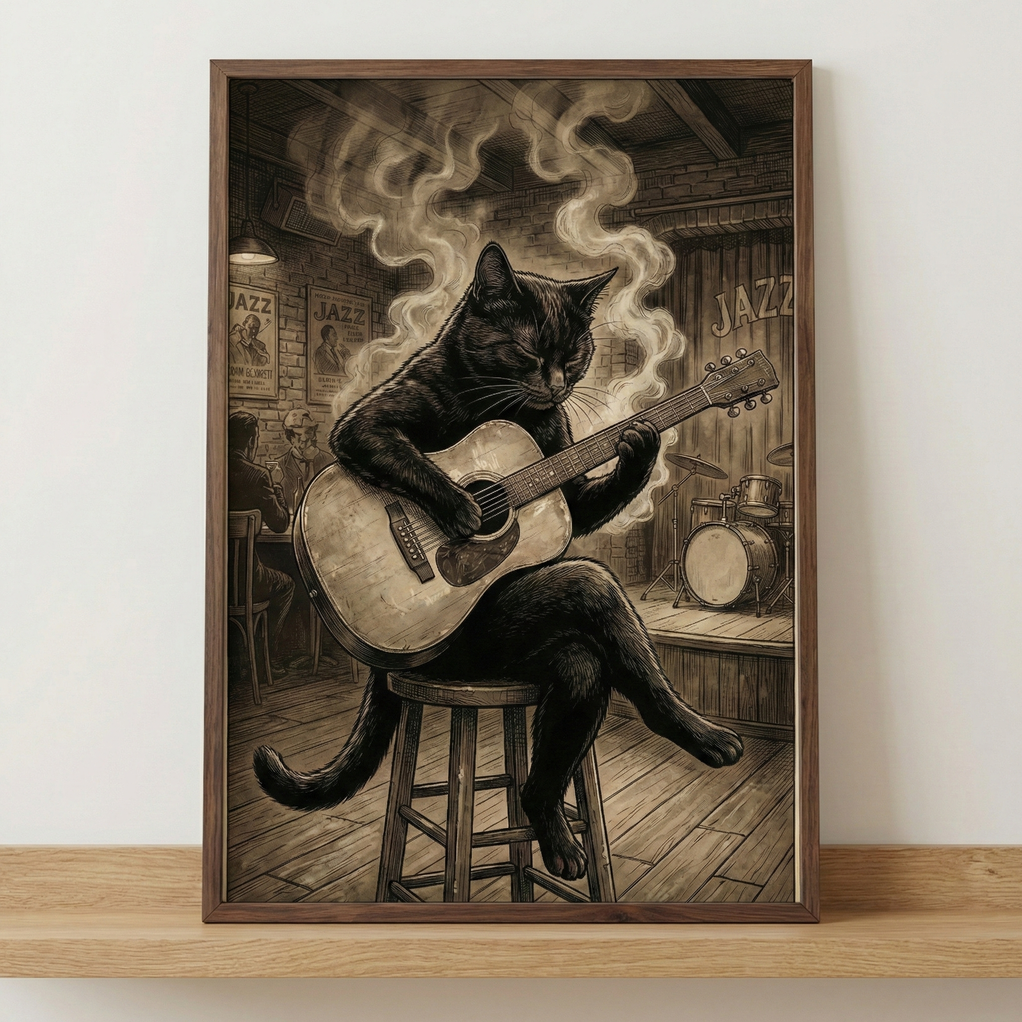 A sepia-toned illustration features an anthropomorphic black cat sitting on a tall stool, playing a light-colored acoustic guitar with its eyes closed. Thick swirls of white smoke rise behind the cat, creating a moody atmosphere. The setting is a dimly lit club with brick walls adorned with jazz posters and a drum set on a stage in the background. The detailed sketch uses fine line work and shading. This framed artwork is displayed in a dark wood frame on a wooden shelf.
