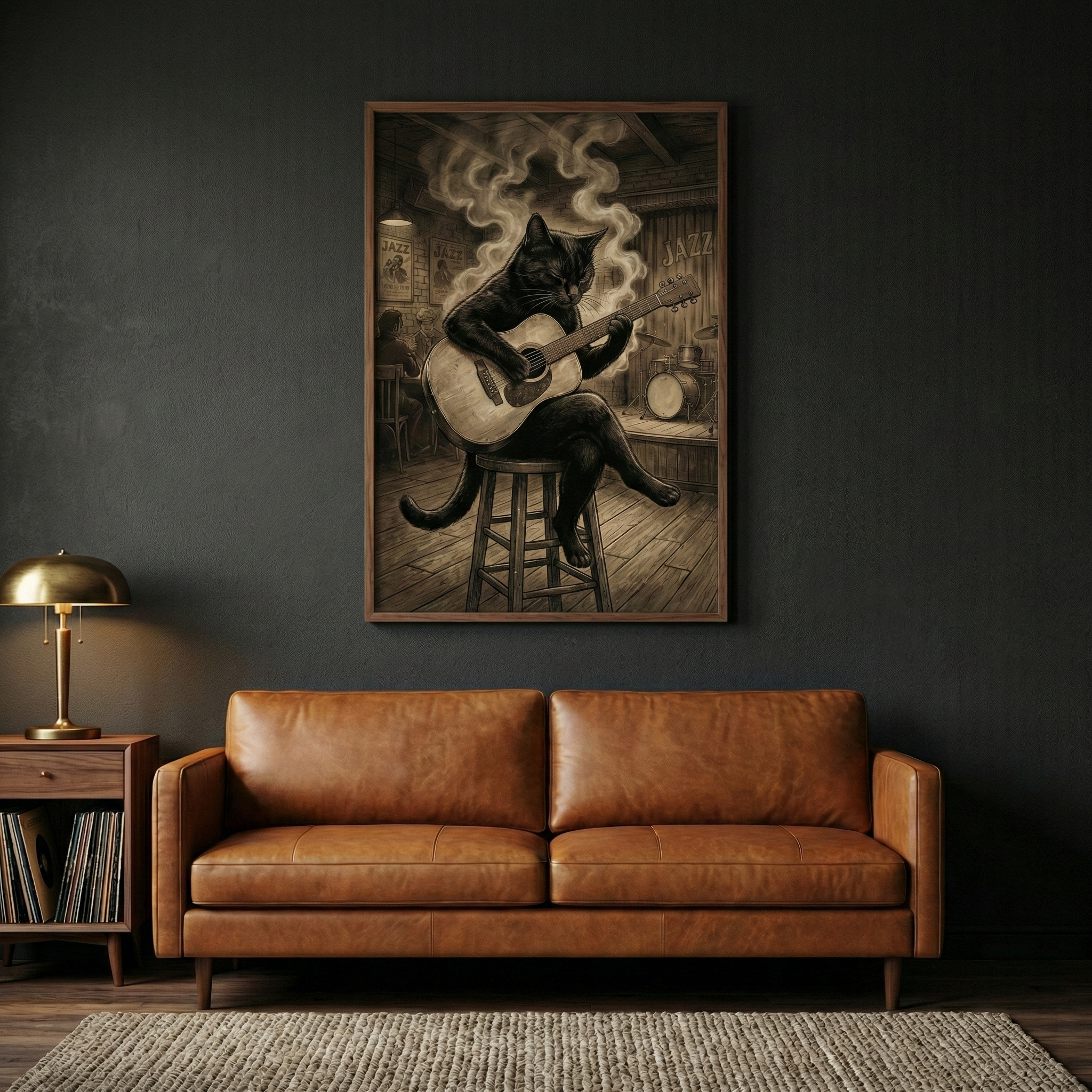 A modern interior scene features a framed artwork on a dark wall. The artwork depicts a black cat seated on a wooden stool, skillfully playing an acoustic guitar. Swirls of vapor rise above its head, set against a background that evokes a classic jazz lounge. Below the image sits a tan leather sofa. To the left, a small wooden side table holds a metallic desk lamp and a stack of records. The entire setup is placed on a light-colored, woven rug.