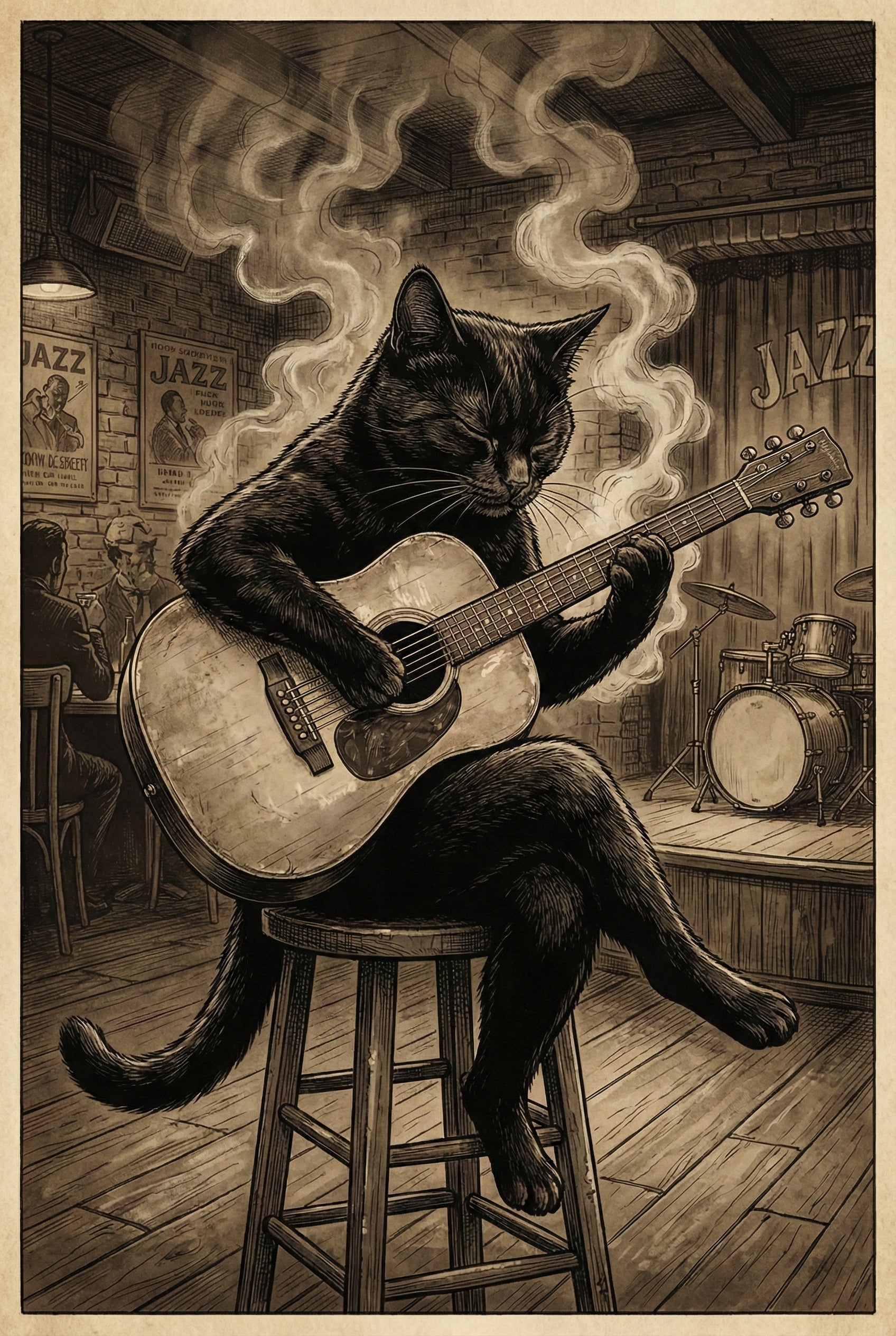 Vintage-style illustration of a black cat playing guitar on a bar stool in a smoky jazz club, with “JAZZ” signs on the wall and a drum set on stage in the background.