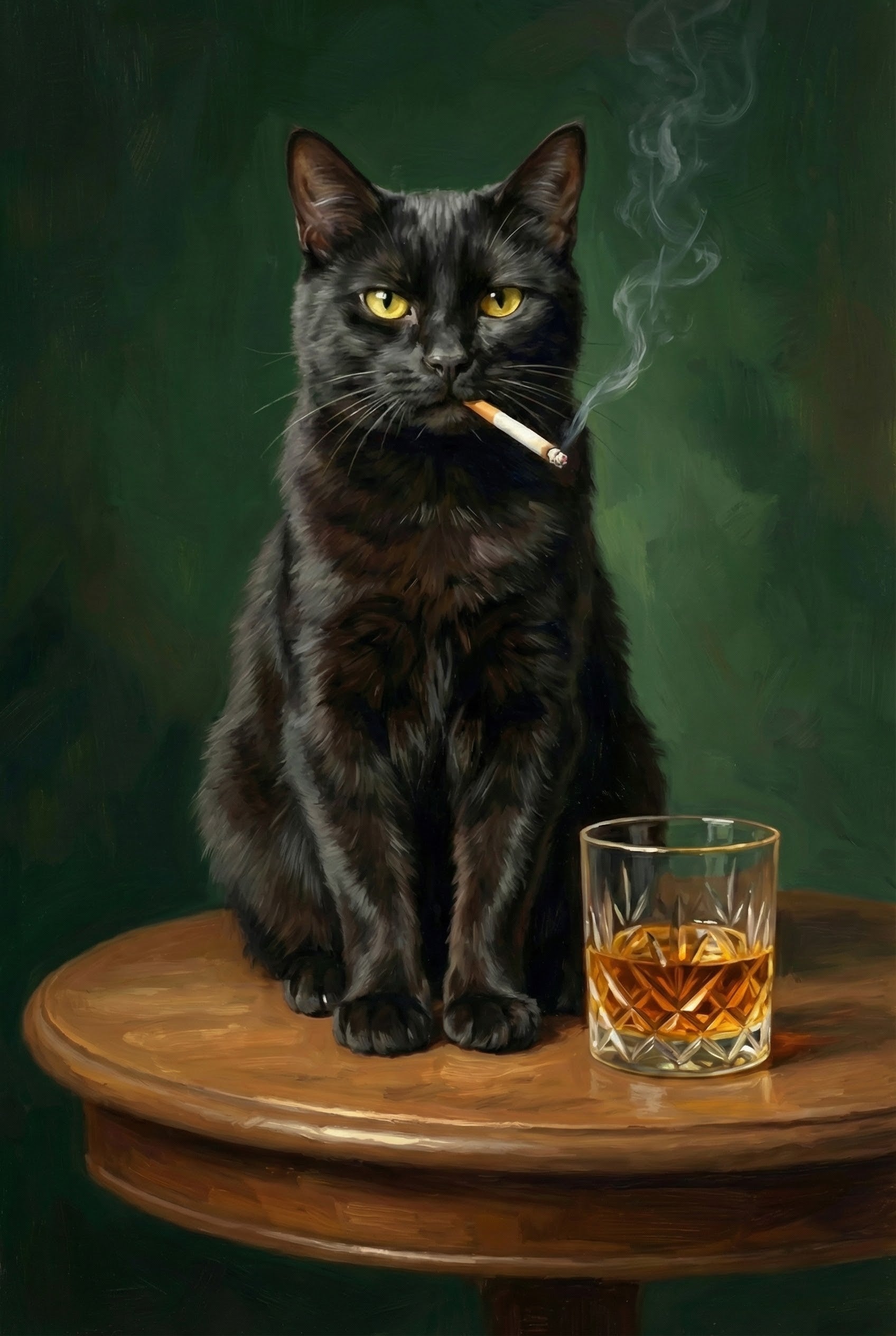 Oil painting of a black cat sitting on a wooden table with a lit cigarette in its mouth and a glass of whiskey beside it, against a dark green background.
