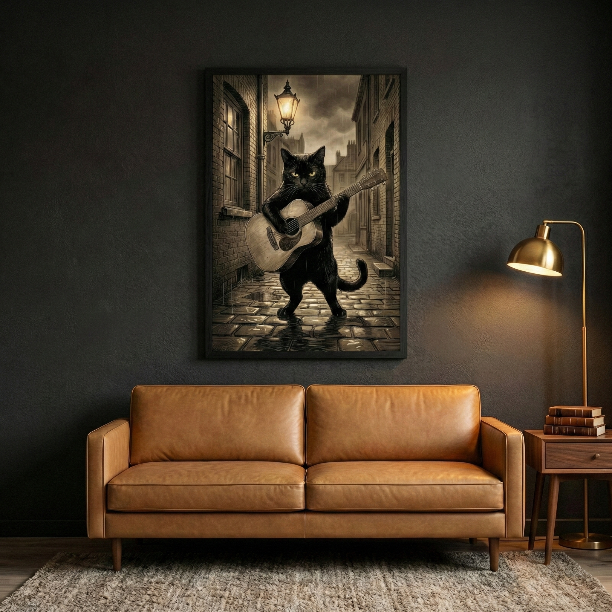 A framed piece of wall art displays a black cat standing upright in a moonlit, wet cobblestone alley, strumming an acoustic guitar. The moody scene shows the cat beneath a glowing street lamp. This artwork is mounted on a dark gray wall above a modern, cognac-colored leather sofa. To the right, a gold-finished floor lamp stands next to a wooden side table holding a stack of books, all set upon a neutral-toned rug.