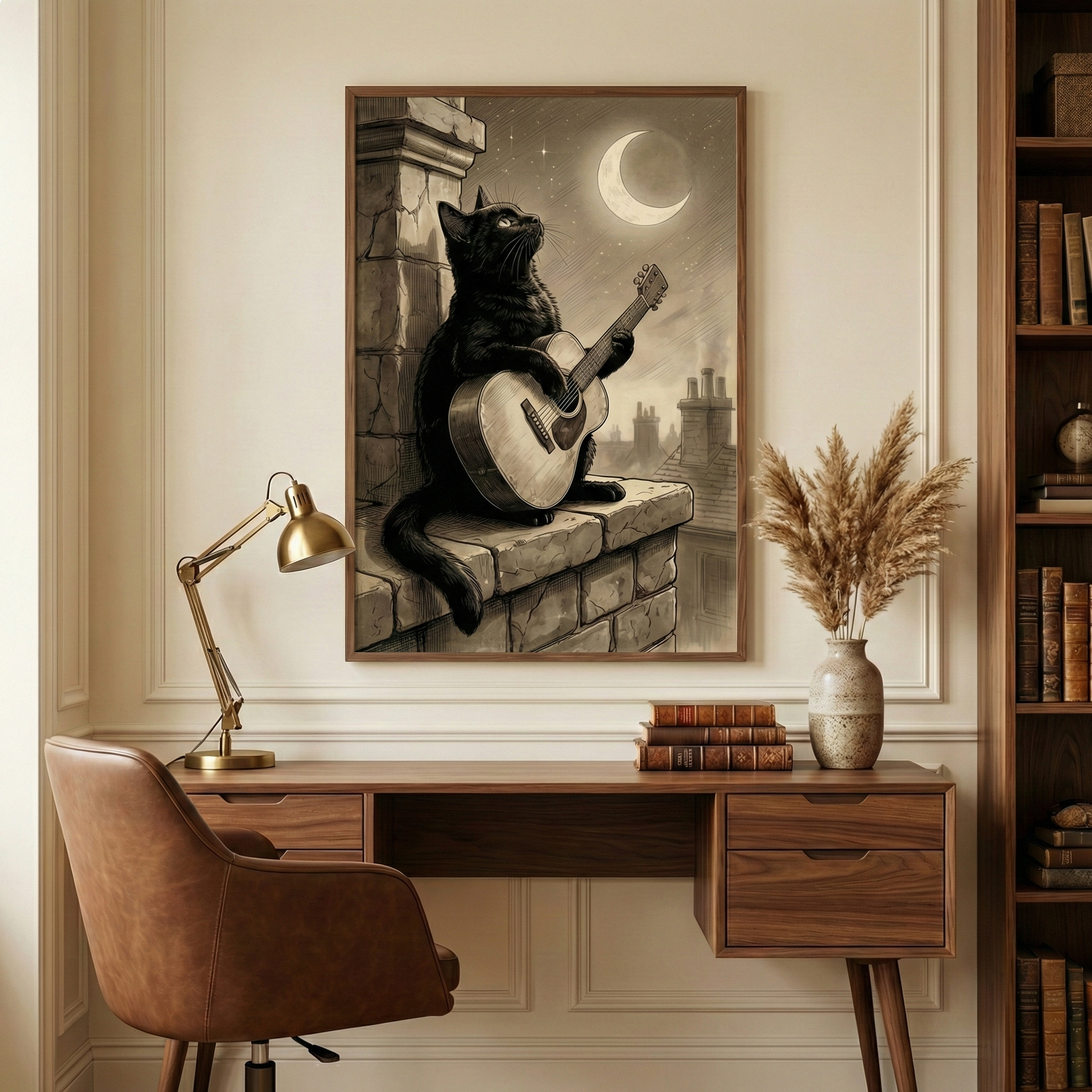 A framed vertical illustration depicts a black cat perched on a stone rooftop ledge, serenading a bright crescent moon in a starry sky with an acoustic guitar. This artwork is centered on a cream-colored wall with elegant wall molding. Below the piece sits a mid-century modern wooden desk. On the desk's surface, a vintage-style brass lamp is positioned to the left, while a small stack of leather-bound books and a textured ceramic vase holding dried pampas grass sit on the right.