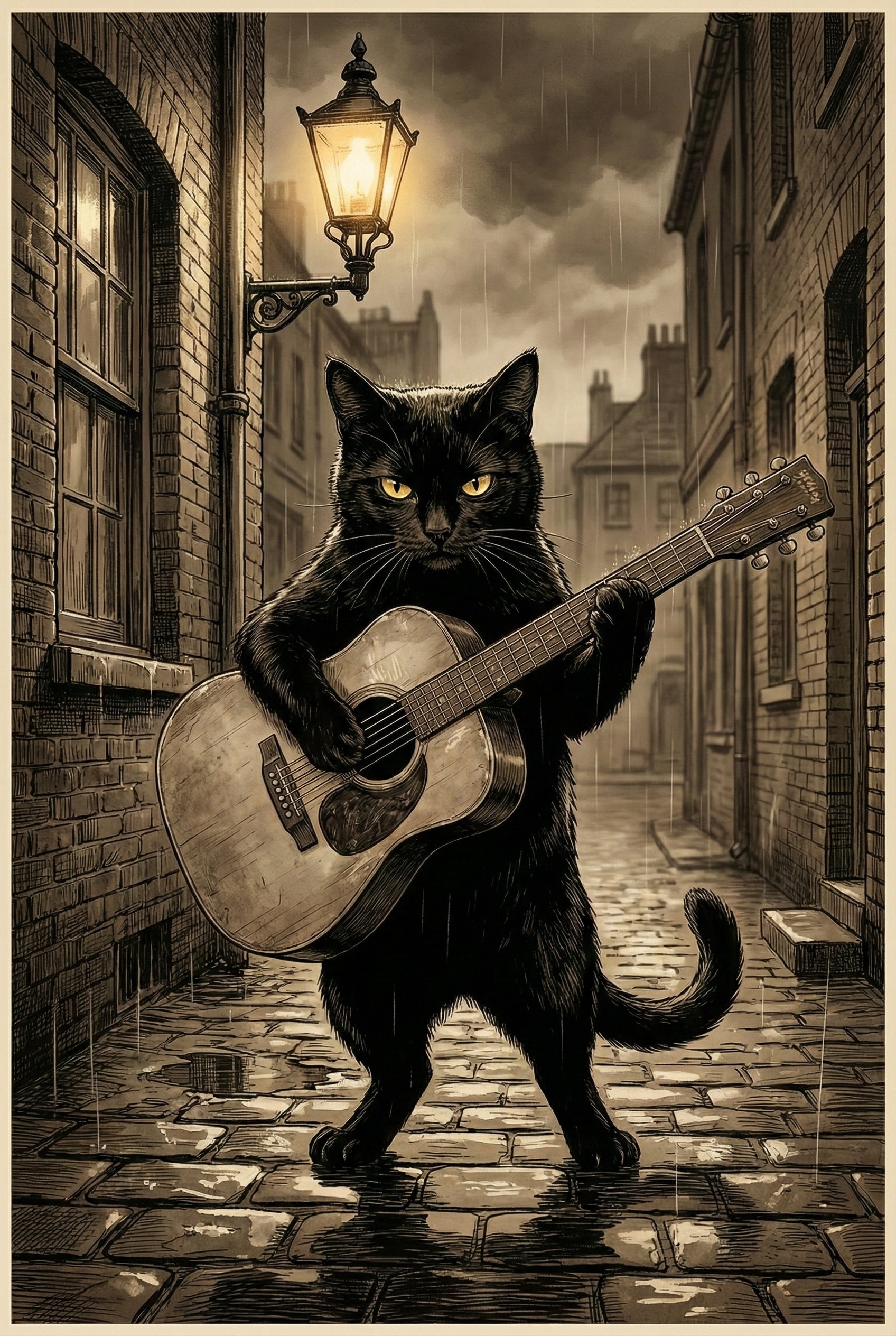 Stylized digital art of a serious-looking black cat standing upright in a rainy cobblestone alley at night, holding and strumming an acoustic guitar under a glowing vintage streetlamp.