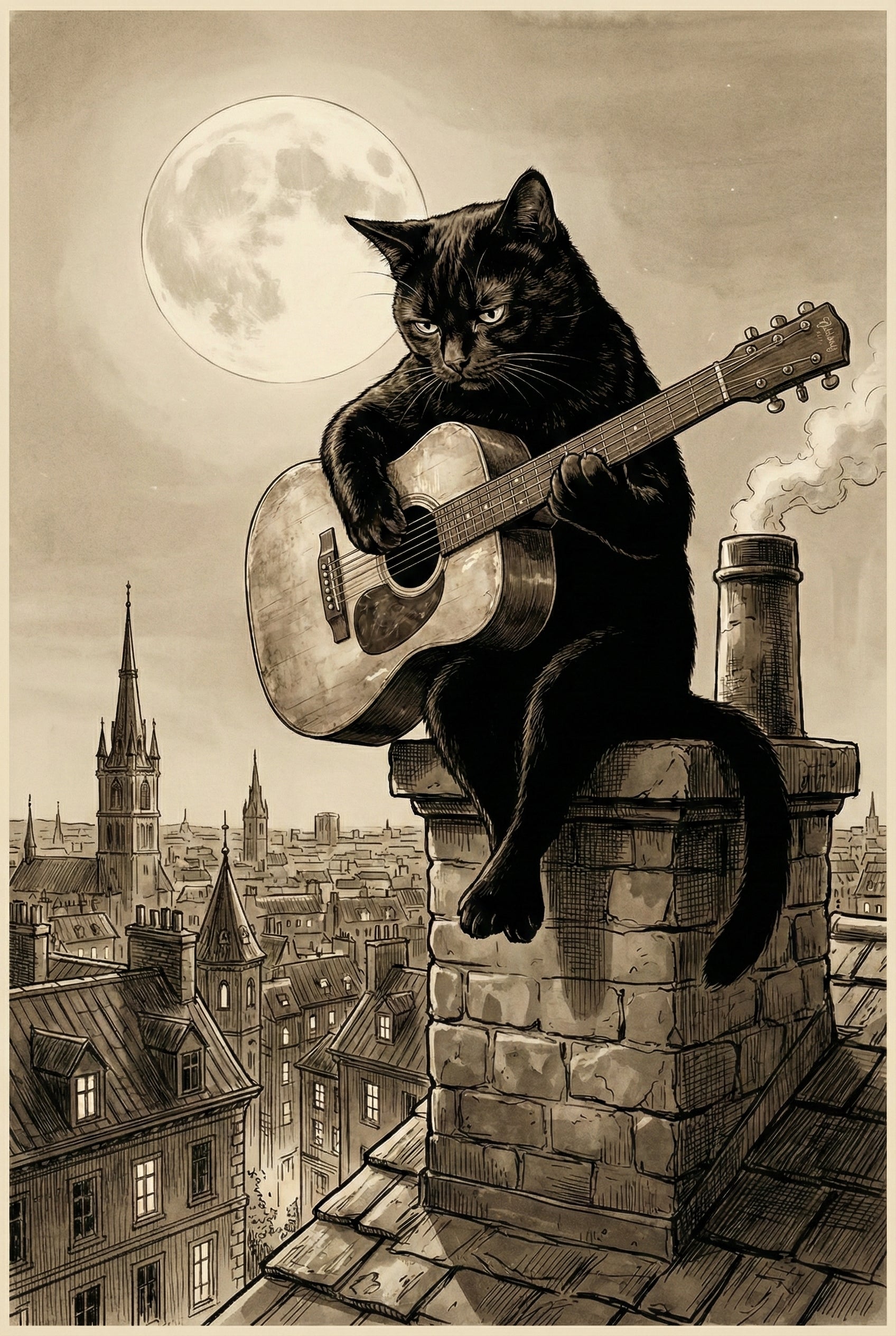 Black cat perched on a tall brick chimney above a cityscape under a full moon, playing guitar with a dramatic and intense expression in this sepia-toned illustration.