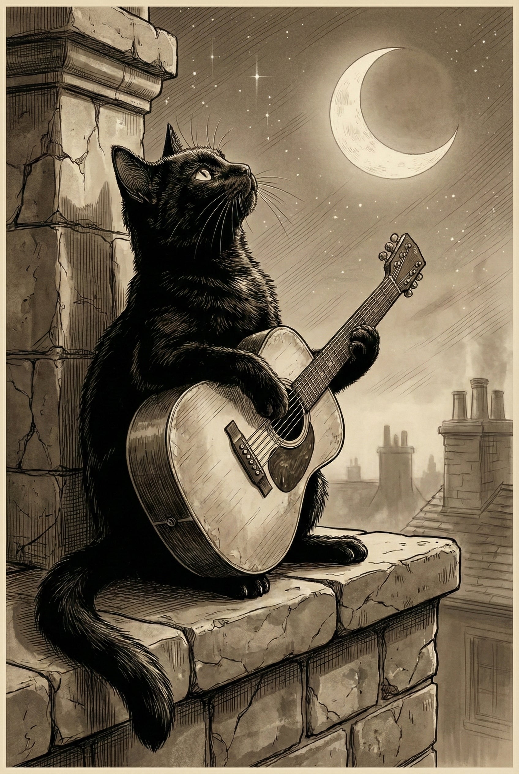 Stylized artwork of a black cat sitting on a stone ledge, gazing at the starry night sky while holding a guitar, with a glowing crescent moon above city rooftops.