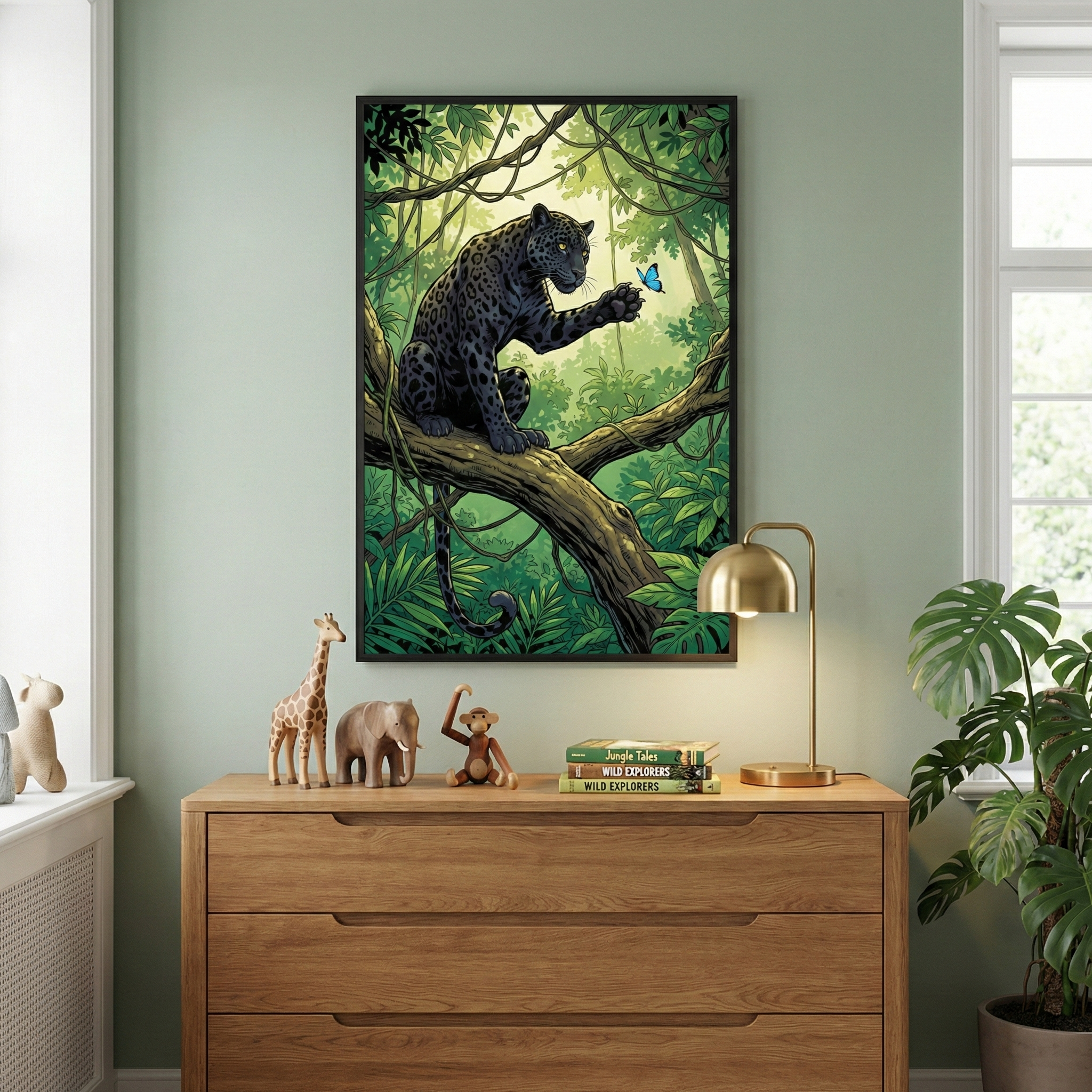 A vertical framed artwork hangs on a sage green wall above a light wood dresser. The artwork shows a dark, spotted big cat on a thick branch in a dense jungle, reaching toward a small blue butterfly. Sunbeams filter through the green canopy. On the dresser sit wooden figurines of a giraffe, elephant, and monkey, next to a stack of books and a gold lamp. To the right is a large green plant, and to the left is a window, creating a serene, nature-themed room.