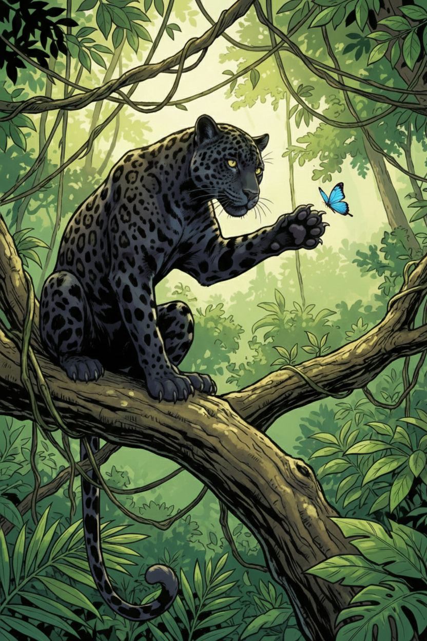 A detailed illustration in a comic book style shows a large black jaguar with subtle spots perched on a thick tree branch. The jaguar reaches out a paw toward a small, bright blue butterfly fluttering in the air. The scene is set in a lush, green jungle filled with hanging vines and various tropical leaves. Warm, hazy light filters through the dense forest canopy in the background. The jaguar's long, spotted tail hangs down, curling at the tip.