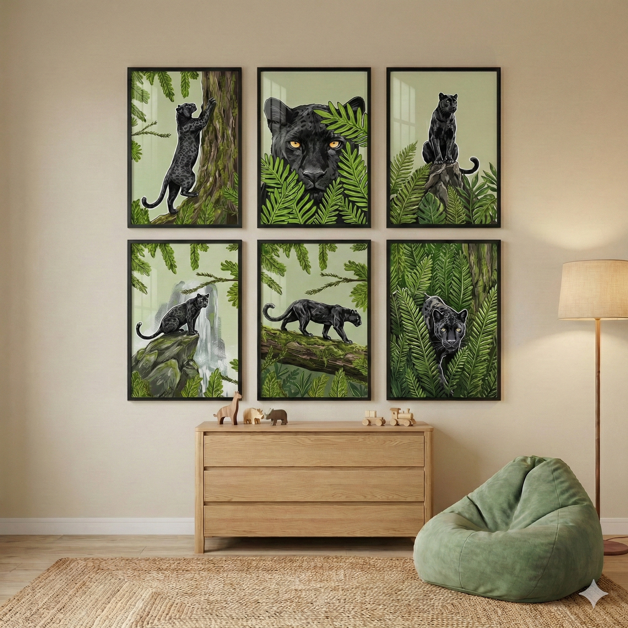 Black Panther Playroom Wall Art Set Of 6 - Sleek Jungle Shadow