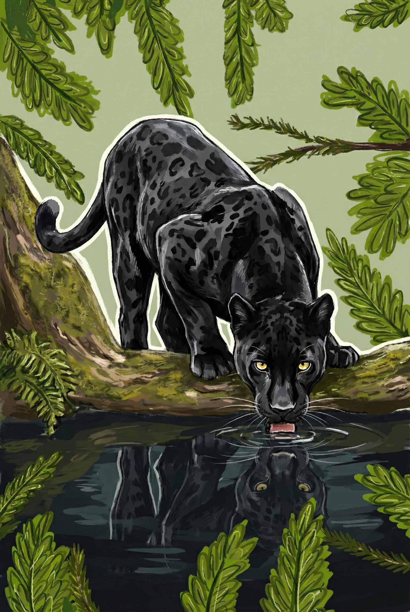 A stylized digital illustration of a black jaguar drinking from a dark pool of water. The large cat, outlined in white, has glowing yellow eyes and subtle spots visible on its dark fur. It crouches on a mossy tree trunk that leans over the water's edge, its pink tongue just touching the surface. A clear reflection of its face is visible in the water below. The scene is framed by vibrant green jungle foliage and fern-like leaves against a light green background.