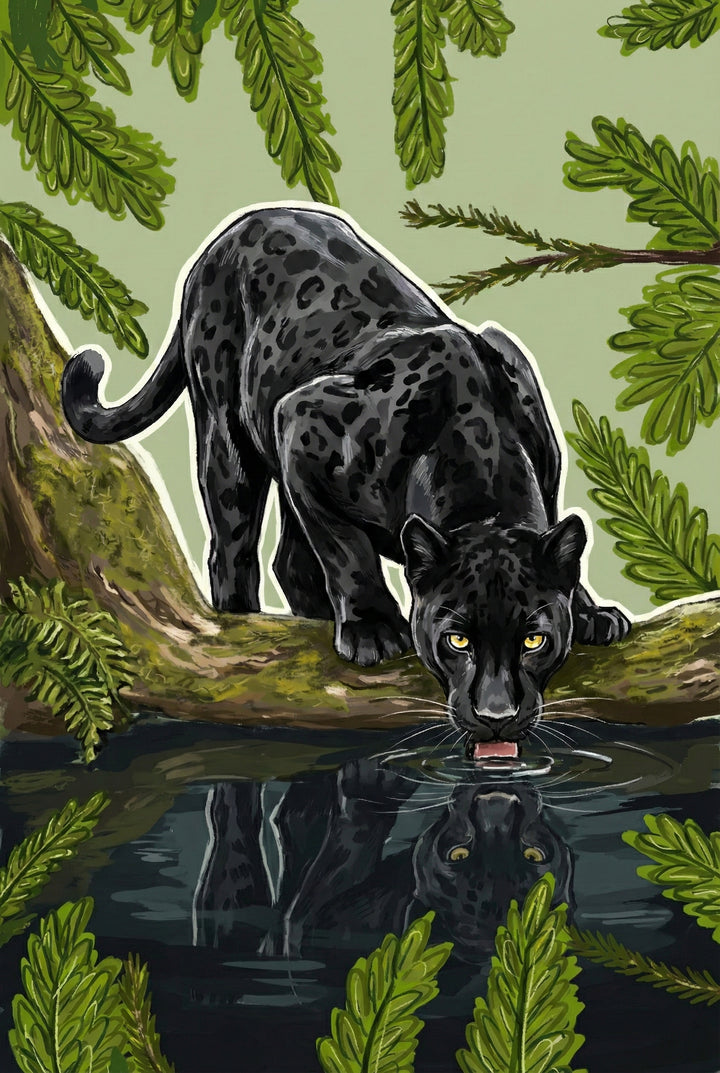 A stylized digital illustration of a black jaguar drinking from a dark pool of water. The large cat, outlined in white, has glowing yellow eyes and subtle spots visible on its dark fur. It crouches on a mossy tree trunk that leans over the water's edge, its pink tongue just touching the surface. A clear reflection of its face is visible in the water below. The scene is framed by vibrant green jungle foliage and fern-like leaves against a light green background.
