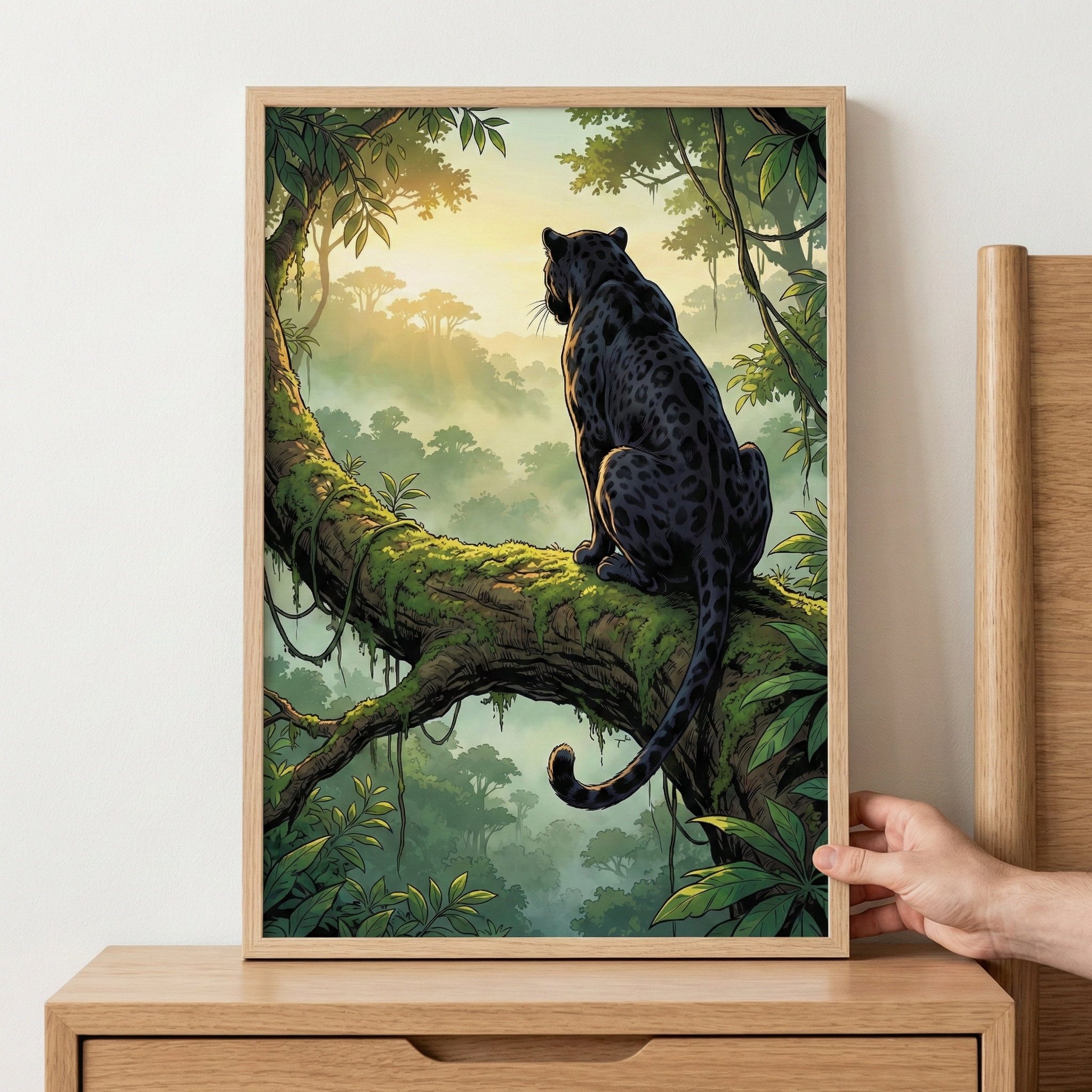 A framed digital illustration of a black panther sitting on a thick, moss-covered tree branch. The feline is seen from behind, overlooking a misty, sunlit jungle landscape with dense trees and vines. The warm light of a sunrise or sunset glows in the background. The artwork is in a light wood frame, resting on a wooden cabinet against a white wall. A hand is seen touching the lower right corner of the frame.