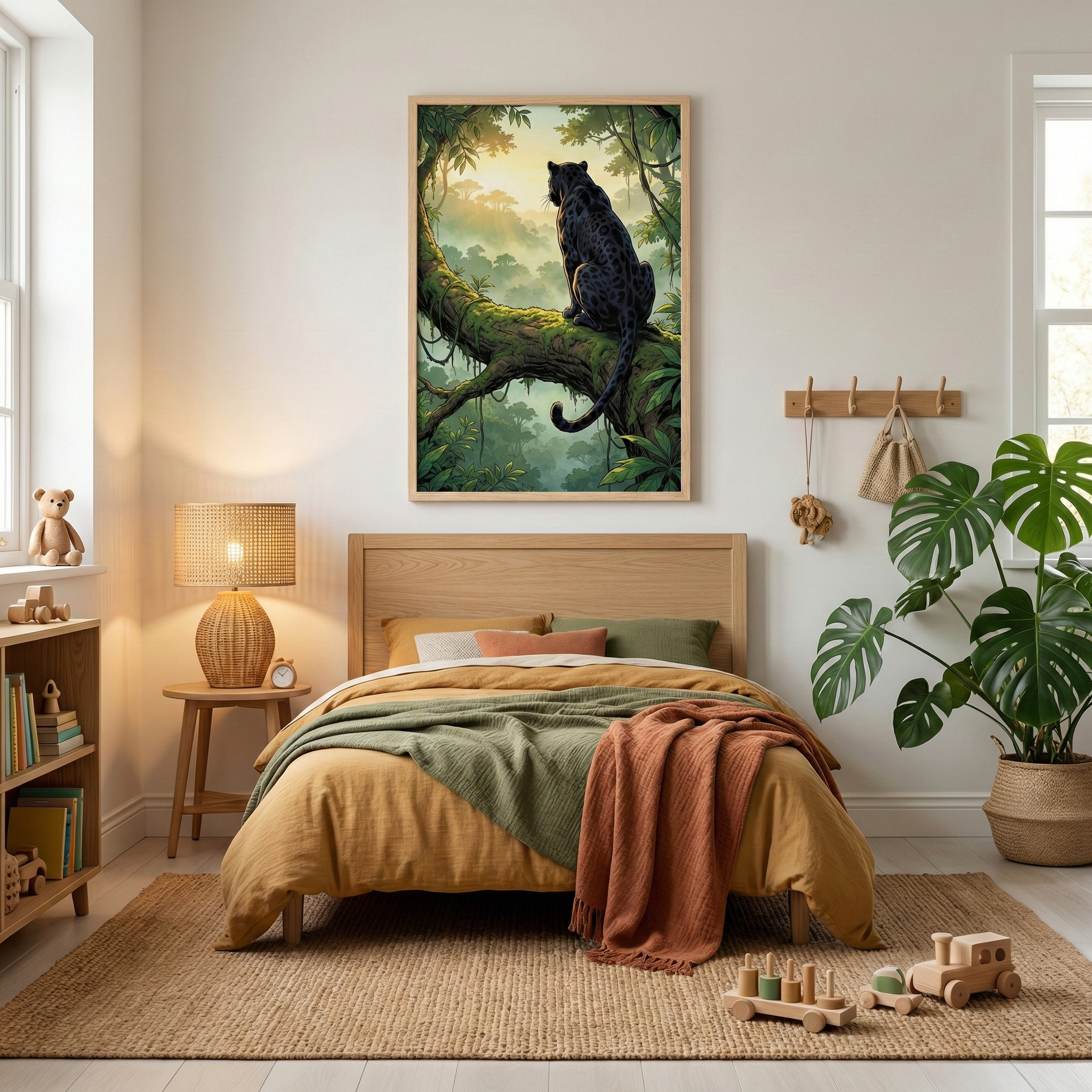 A cozy child's bedroom features warm earth tones and a jungle theme. Centered above a light wood bed is a vertical framed artwork depicting a black leopard perched on a mossy branch overlooking a misty tropical forest. The bed is dressed in mustard and sage linens with a rust-colored throw. To the side, a large green plant sits in a woven pot. Wooden toys are scattered on a natural-fiber rug, and a small lamp with a woven shade casts a soft, warm glow from a bedside table.
