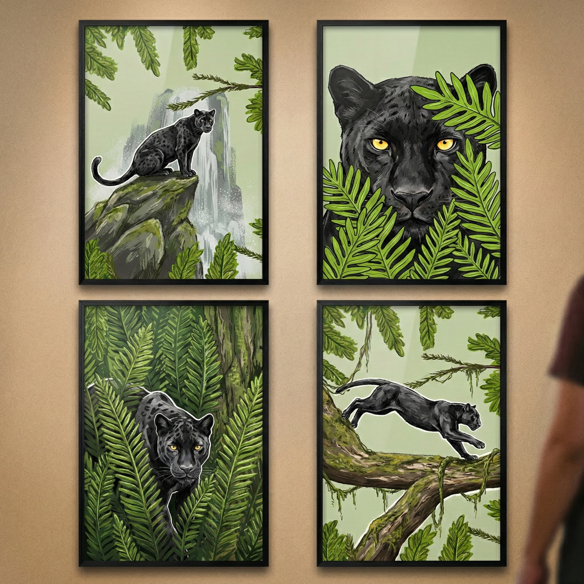 Four black-framed illustrations of a black panther in a lush jungle setting are hung in a 2x2 grid on a wall. The top-left shows the animal on a rocky outcrop near a waterfall. The top-right is a close-up of its face with yellow eyes peeking through ferns. The bottom-left depicts it prowling through dense foliage. The bottom-right captures it leaping across a mossy tree branch. The artwork uses a consistent palette of vibrant greens and deep blacks.