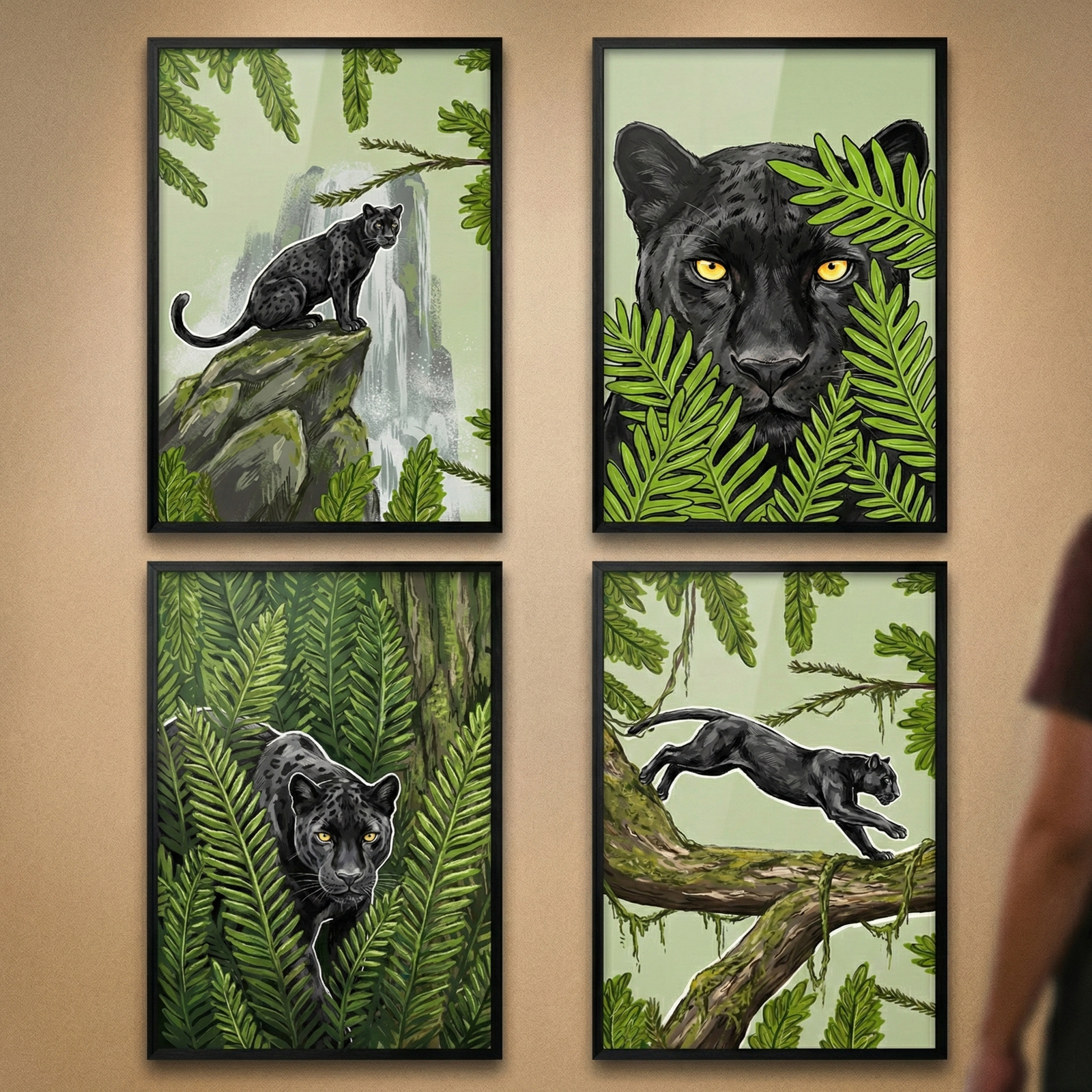 Four black-framed illustrations of a black panther in a lush jungle setting are hung in a 2x2 grid on a wall. The top-left shows the animal on a rocky outcrop near a waterfall. The top-right is a close-up of its face with yellow eyes peeking through ferns. The bottom-left depicts it prowling through dense foliage. The bottom-right captures it leaping across a mossy tree branch. The artwork uses a consistent palette of vibrant greens and deep blacks.