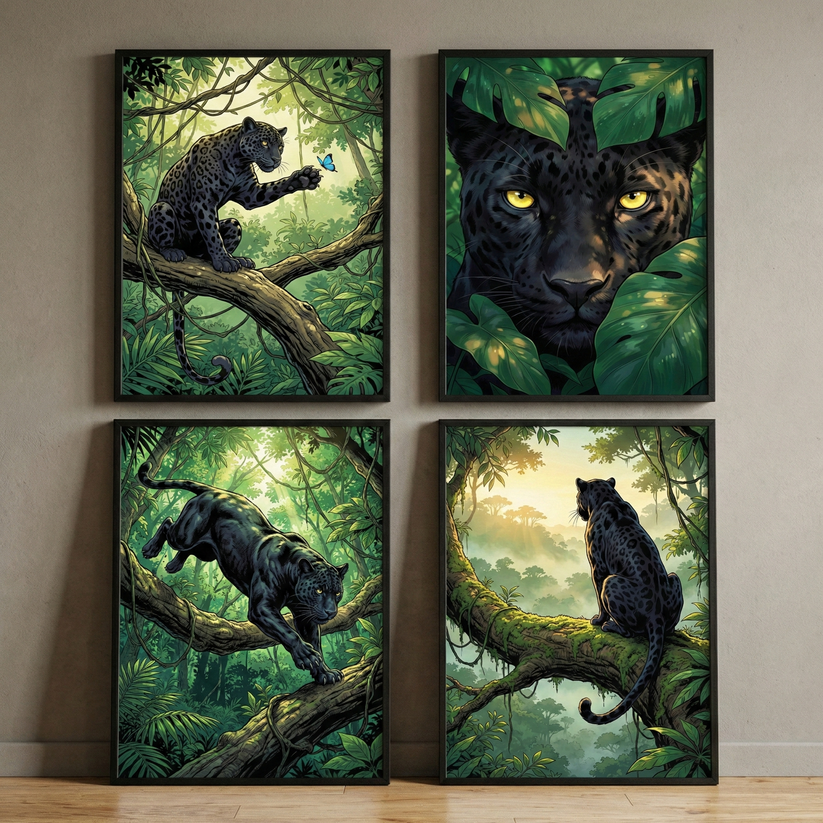 A 2x2 grid of four framed artworks depicting black panthers in a lush jungle. Top-left: A sleek cat sits on a mossy branch, reaching toward a small blue butterfly. Top-right: A close-up portrait shows the predator's face with striking yellow eyes peering through large tropical leaves. Bottom-left: The animal is shown in motion, walking down a thick, vine-covered branch. Bottom-right: The panther sits with its back turned, gazing over a misty, sunlit valley. All pieces feature green foliage.