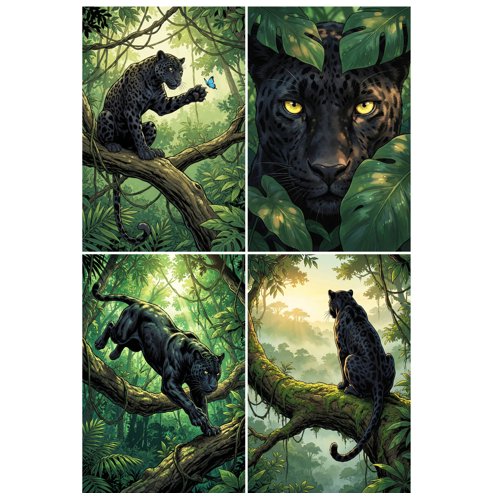 A captivating jungle wildlife wall art collection featuring a sleek black panther moving gracefully through lush rainforest scenery. The set includes a curious moment as the panther reaches toward a bright blue butterfly, an intense close up of its golden eyes framed by glossy tropical leaves, a powerful stride along a moss covered branch, and a quiet silhouette perched high above a misty green canopy at sunrise. 