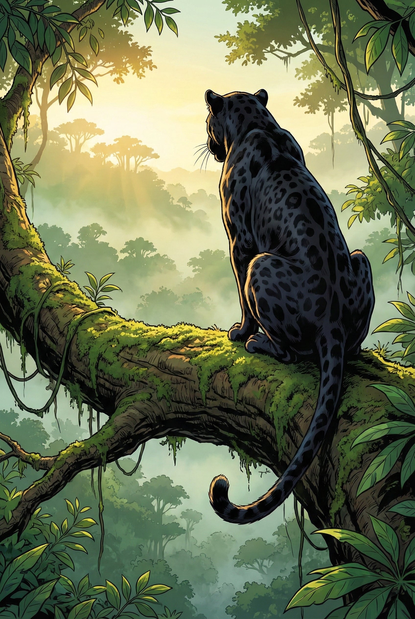 An illustration in a graphic novel style depicts a large black feline with dark rosettes sitting on a thick, mossy branch. The animal is seen from behind, its long tail curving down, as it looks out over a misty jungle canopy at dawn. The sun glows on the horizon, casting a warm golden light over distant trees. Lush foliage and hanging vines frame the scene, with detailed linework and vibrant colors throughout the composition.