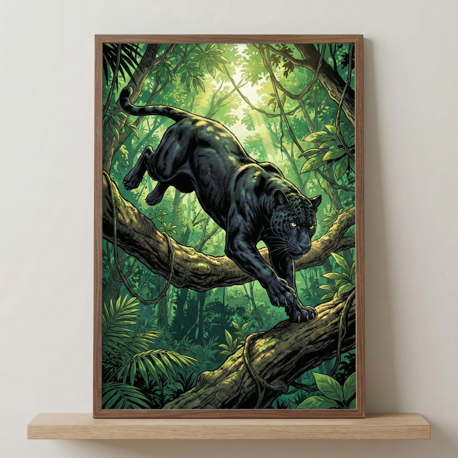 A framed illustration depicts a muscular, melanistic panther prowling down a thick, mossy tree branch. The big cat's sleek black fur shows faint, dark rosettes, and its intense yellow eyes gaze forward. It's surrounded by a lush, green jungle filled with ferns, broad leaves, and hanging vines. Soft sunlight filters through the dense canopy above. The artwork, held in a simple wooden frame, rests on a light-colored wooden shelf against a plain, neutral wall.