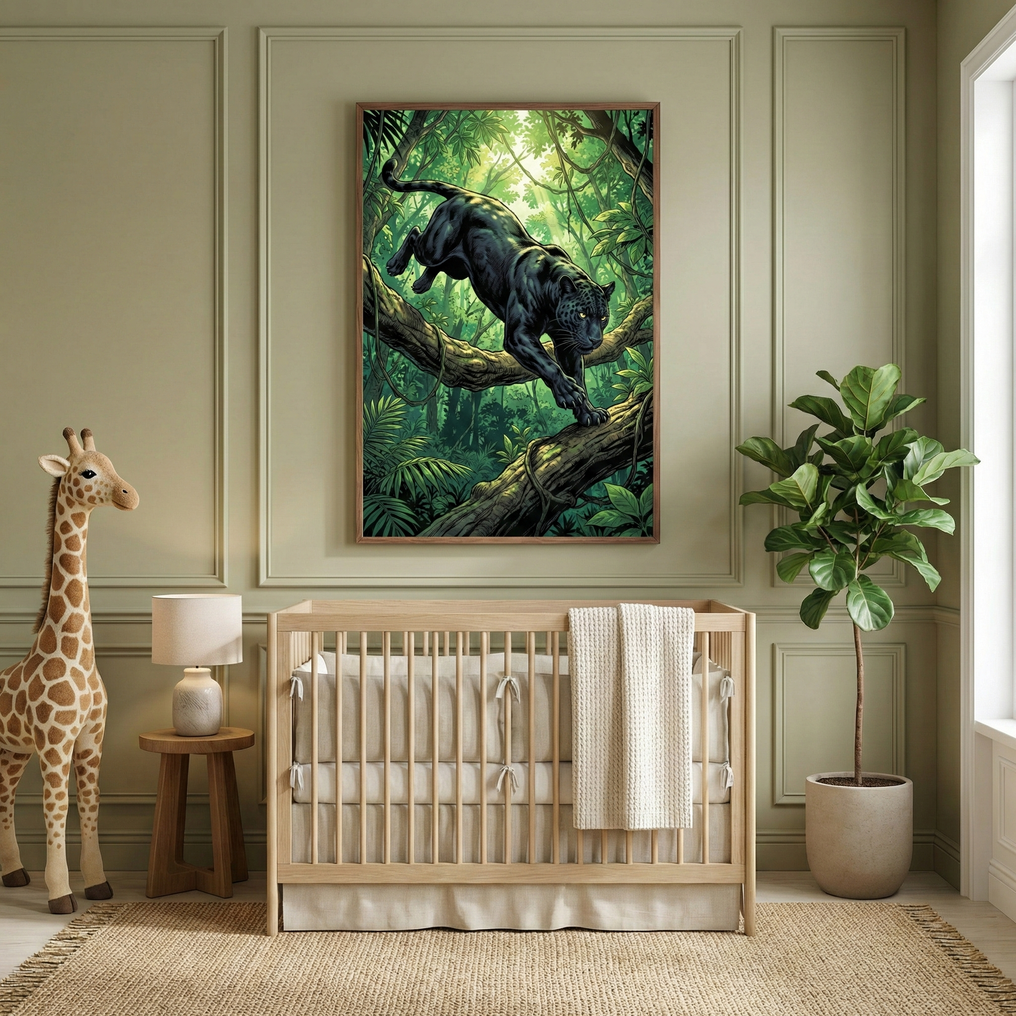 A nursery featuring a large framed artwork of a sleek black leopard prowling on a jungle tree branch. The artwork hangs on a sage green wall above a light wood crib with beige linens. To the left stands a tall plush giraffe toy and a small side table with a lamp. To the right is a potted green plant. The room has a natural, earthy feel with a textured rug and soft sunlight coming from a window.