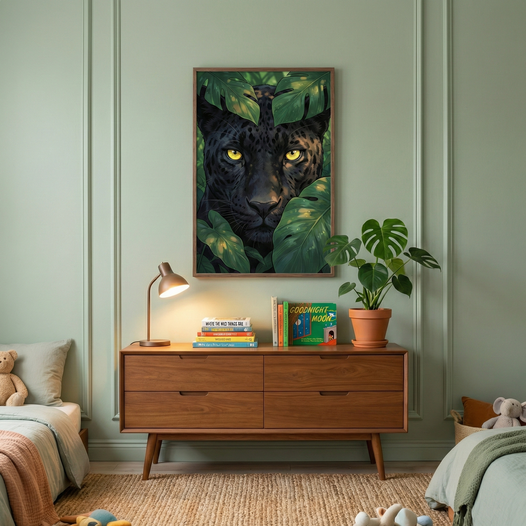 A sage green bedroom features a large framed illustration of a black panther with glowing yellow eyes peering through tropical leaves. This central art piece hangs above a mid-century modern wooden dresser. On the dresser sits a warm brass lamp, a stack of colorful children's books, and a potted monstera plant. To the left and right, the edges of two beds are visible, dressed in soft neutral tones and accompanied by plush animal toys, all resting on a natural woven rug.