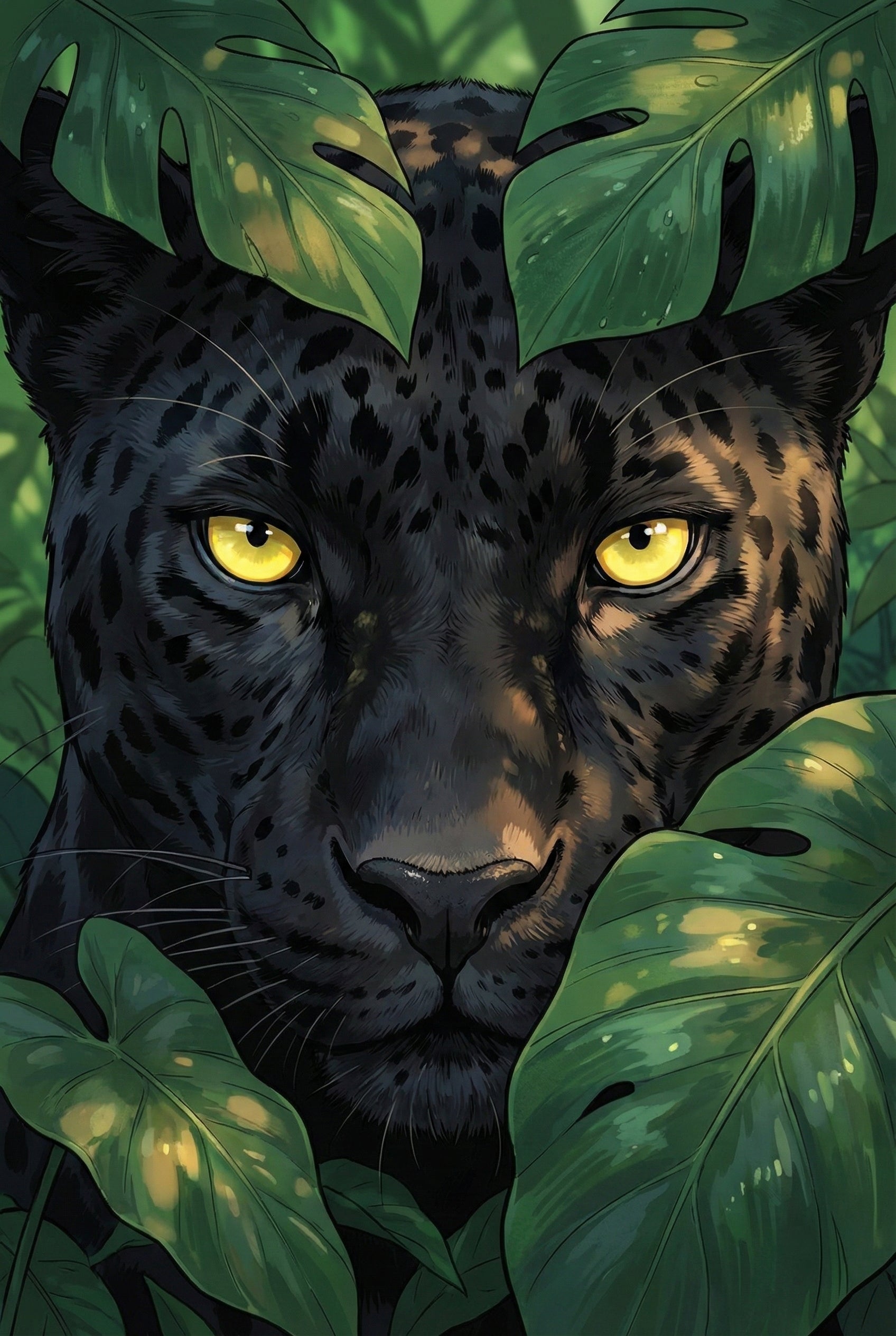 A detailed digital illustration showing the face of a black panther peering through dense tropical foliage. The panther's striking yellow eyes are the focal point, gazing directly ahead. Its dark fur is rendered with subtle rosettes and catches warm, dappled sunlight. Large, vibrant green leaves with holes and light-colored spots frame the animal, some partially overlapping its head. The overall scene captures a powerful predator hidden within a sunlit jungle canopy.