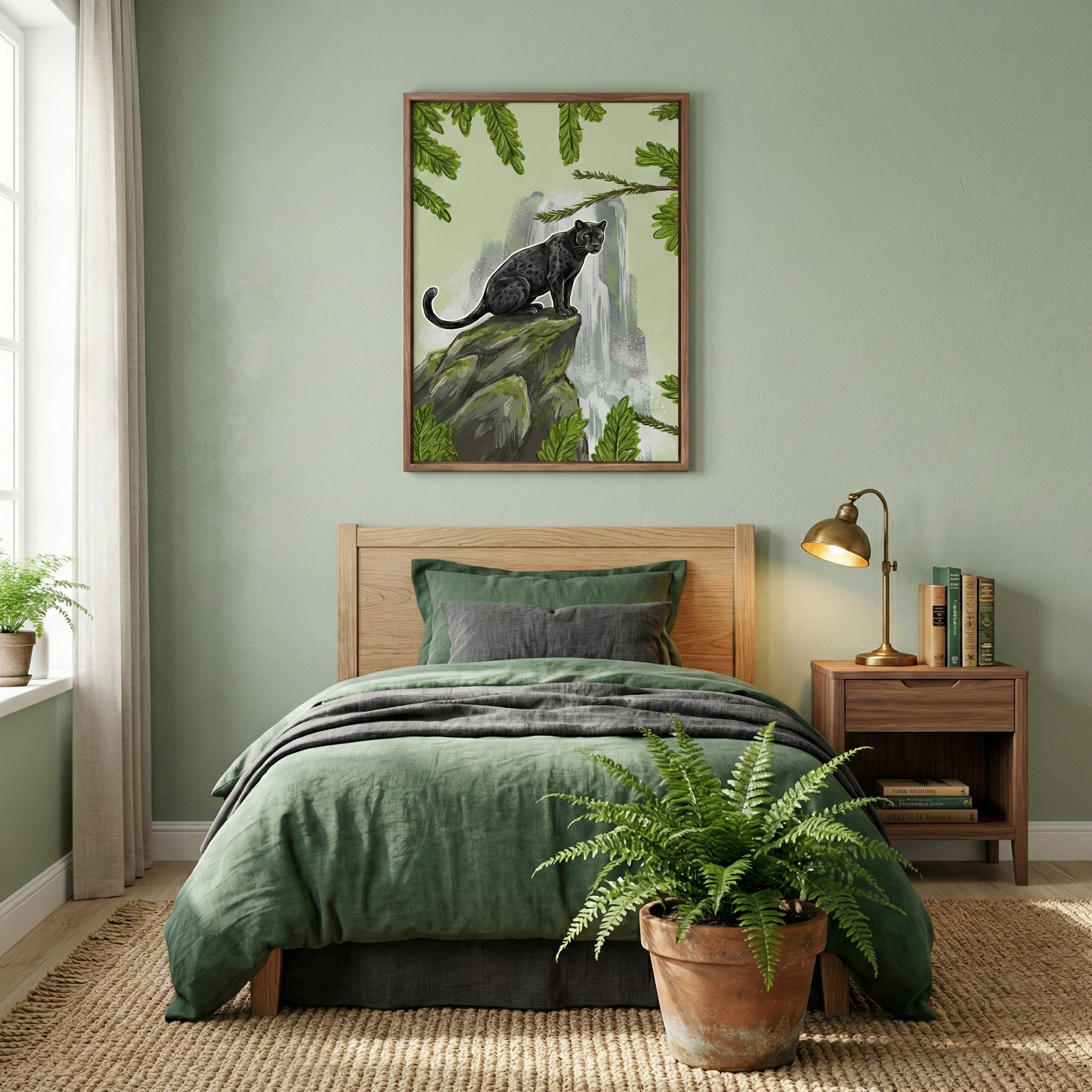 A cozy bedroom features a wooden bed with green and gray bedding, a potted fern on a woven rug, and a wooden nightstand with a lamp and books. A framed artwork of a black panther on a rock is prominently displayed on the green wall above the bed. Natural light streams in from a large window with sheer curtains.