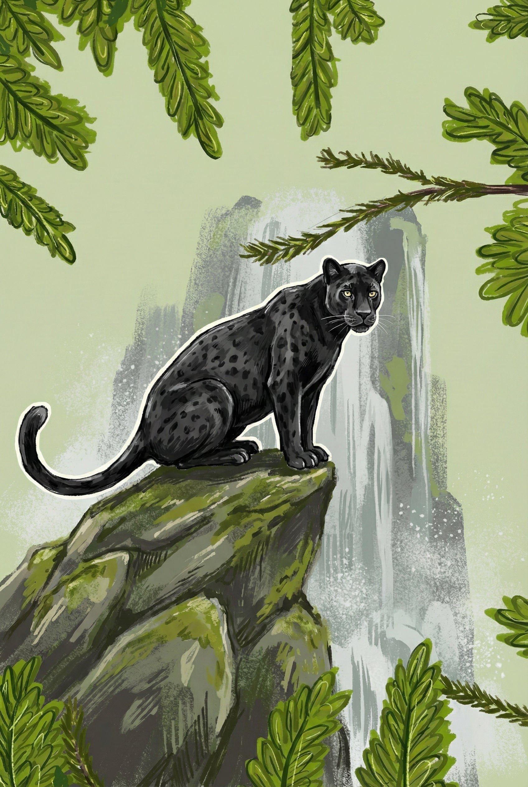 A sleek black panther with subtle dark spots sits majestically on a mossy grey rock. The animal has bright yellow eyes and long whiskers, outlined by a thin white border. Its long tail curls gracefully behind it. In the background, a tall, misty waterfall cascades down. The entire scene is framed by vibrant green fern-like leaves hanging from the top and growing at the bottom against a pale green sky. This digital illustration uses a palette of greens, greys, and deep blacks.