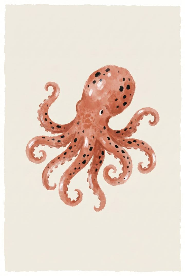 Black spotted rust octopus artwork with curled tentacles and dark spots on a cream background.