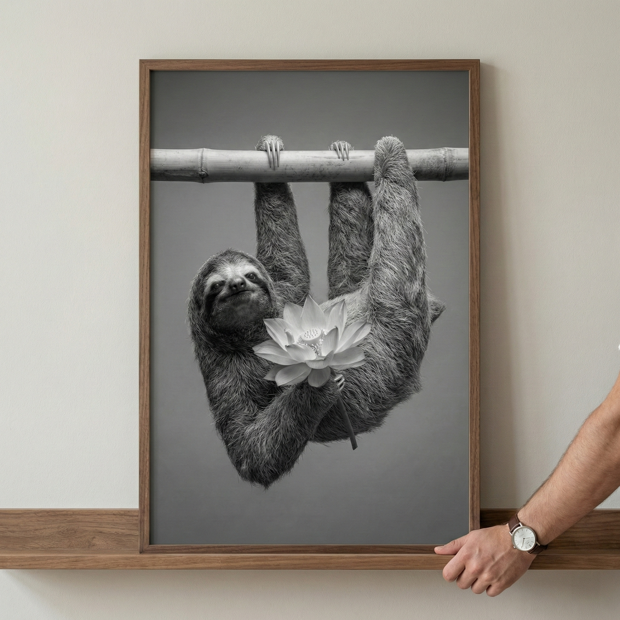 A black and white photograph of a sloth hanging upside down from a horizontal bamboo pole. The sloth has a serene expression and holds a large, delicate lotus flower in its paws. The photograph is set in a thin brown wooden frame and sits on a wooden shelf against a neutral-colored wall. On the right, a hand wearing a wristwatch is visible, touching the edge of the frame.
