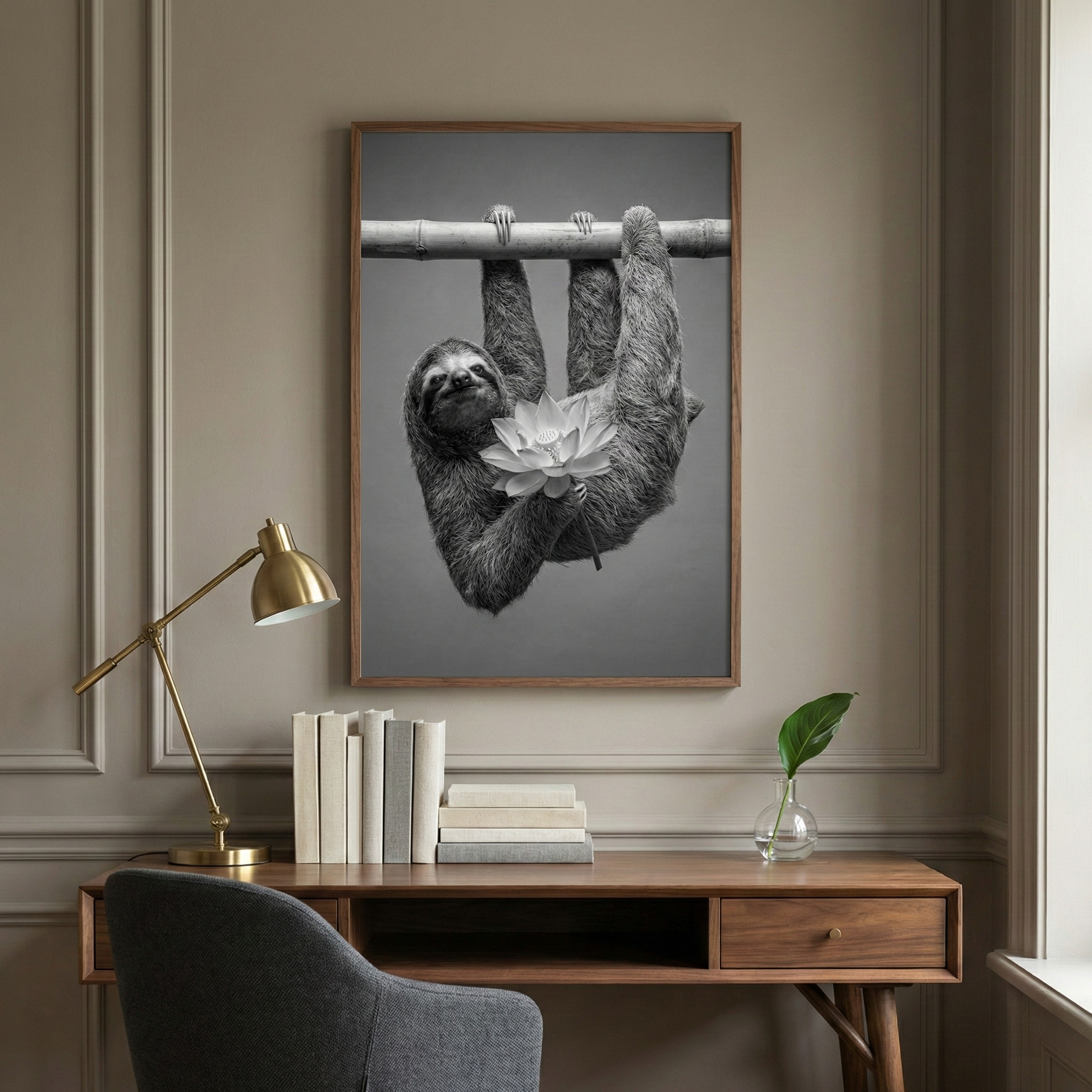 A framed black and white image of a sloth hanging from a bamboo branch while holding a large lotus flower hangs on a neutral, paneled wall. Below the artwork, a wooden desk is neatly arranged with a gold metal lamp, a row of books in soft tones, and a clear glass vase with a single green leaf. A grey upholstered chair sits partially in view. The scene is set in a well-lit interior, with a window frame visible on the far right, creating a calm and modern aesthetic.