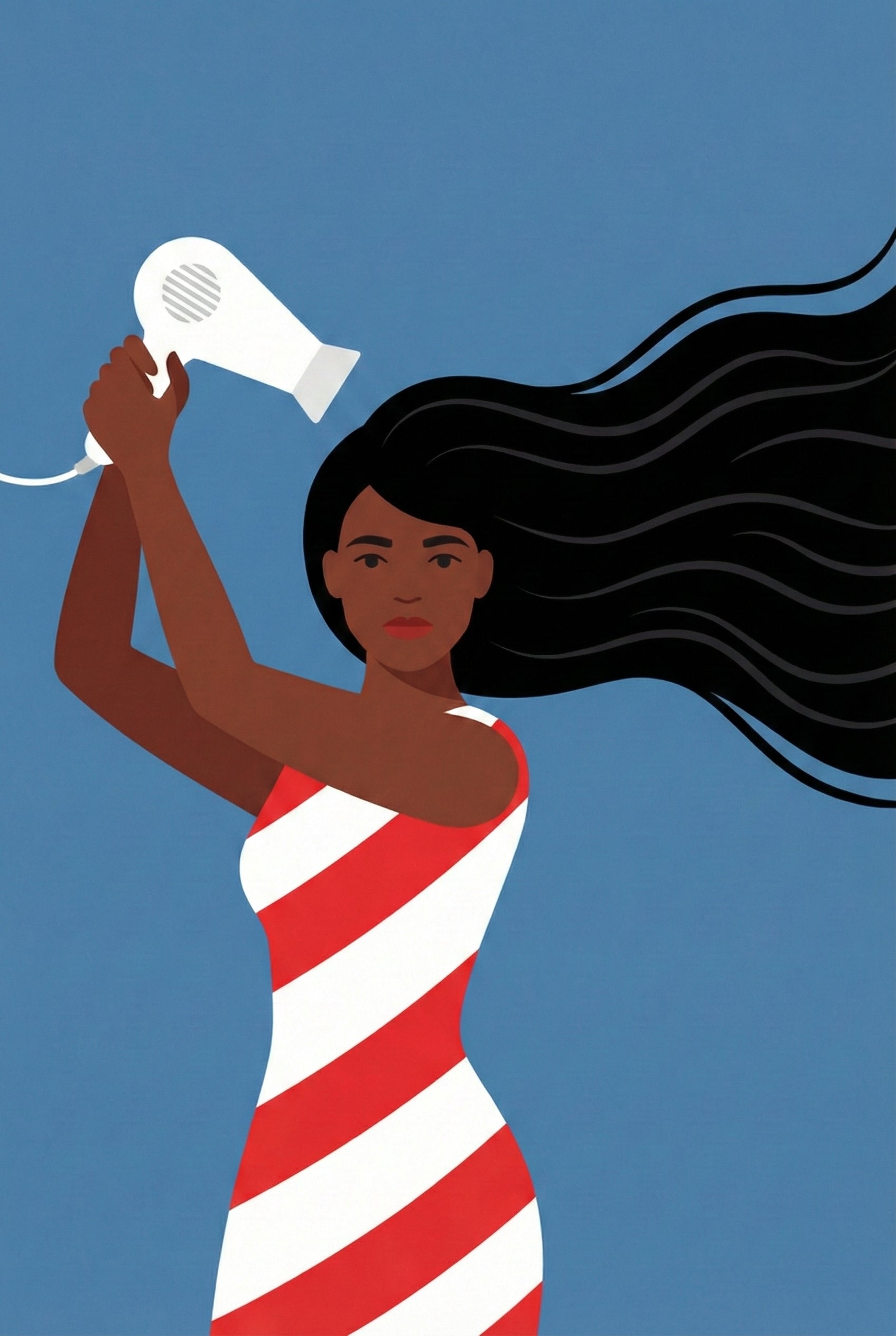 A woman in a red and white striped dress holds a blow-dryer overhead, with her long black hair flowing dramatically to the side. The background is a solid blue.