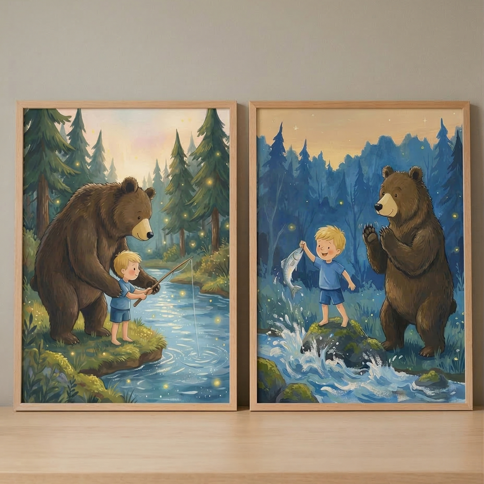 Two framed whimsical illustrations of a large brown bear and a young blond-haired boy fishing together in a forest setting. In the left illustration, the bear guides the boy as he fishes in a river at dusk, surrounded by glowing fireflies. In the right illustration, the boy proudly holds up a fish while the bear looks on happily. Both pieces feature a soft, storybook art style with vibrant colors and are set in light wood frames on a wooden surface against a neutral background.