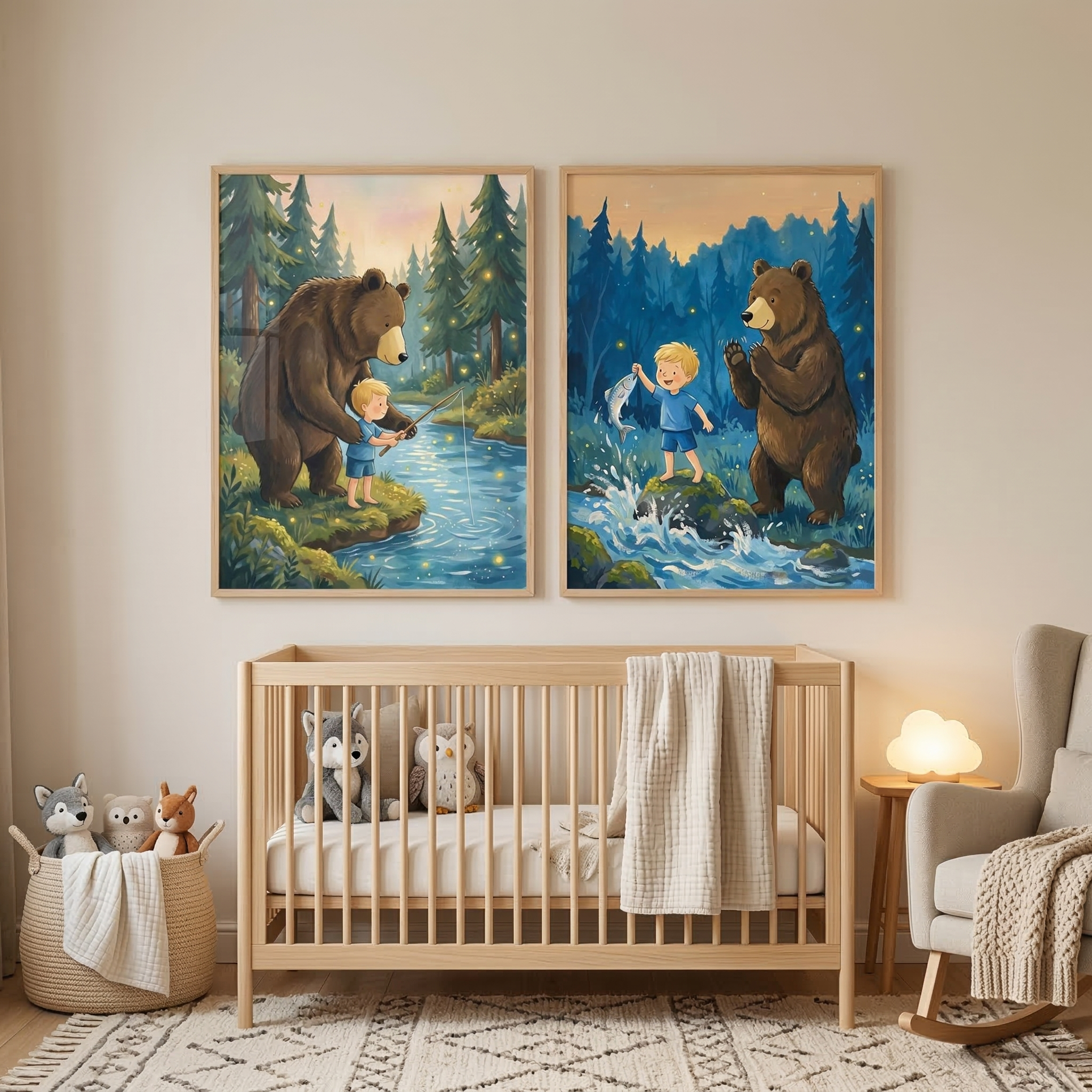 Boy And Bear Bonding Wall Art Set of 2 - Forest Fishing Friends