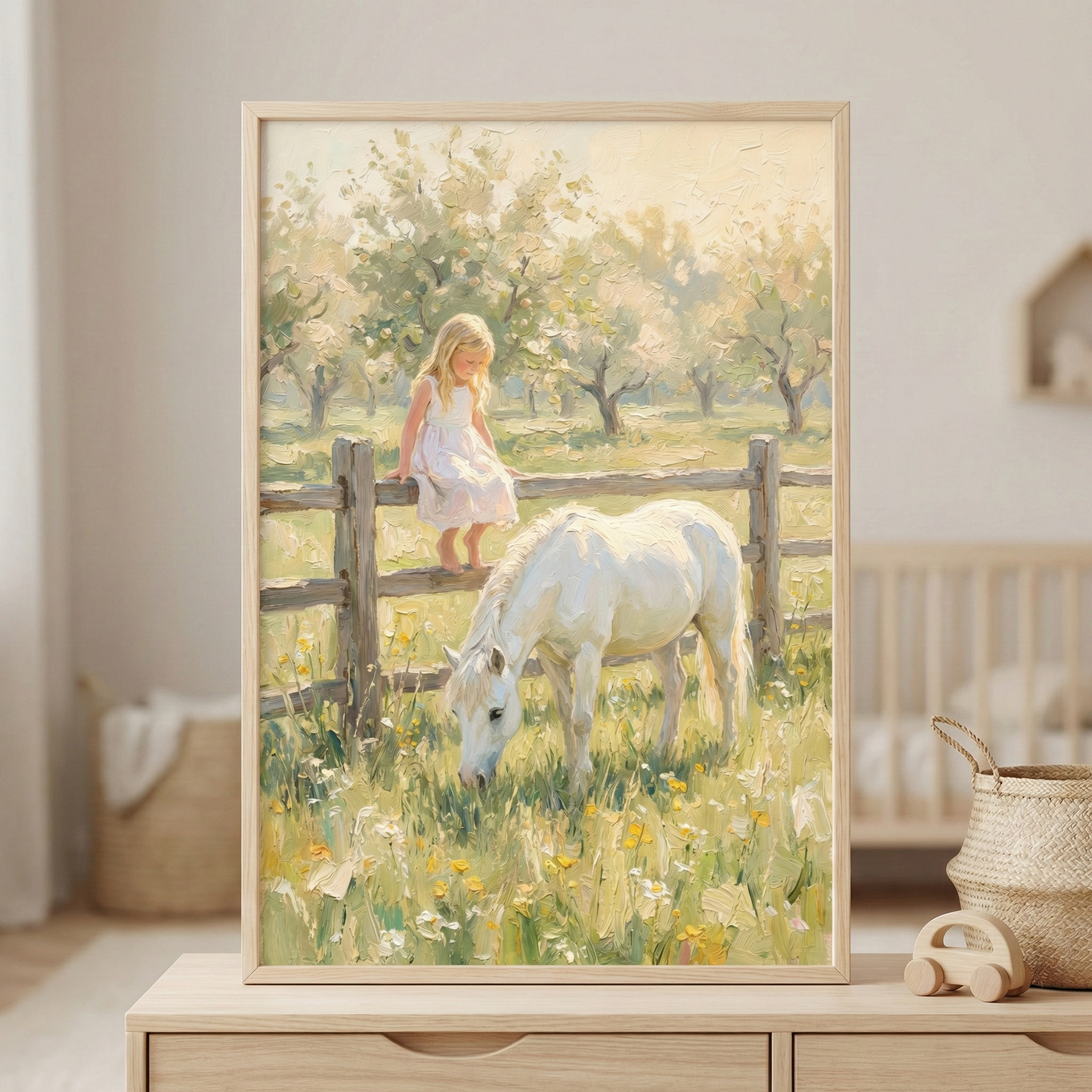 A framed impressionist painting of a young girl in a white dress sitting on a wooden fence while a white pony grazes in a sunlit meadow filled with wildflowers and soft green grass. The artwork rests on a light wood dresser in a neutral nursery setting, adding a gentle countryside storybook feel to the calm space.