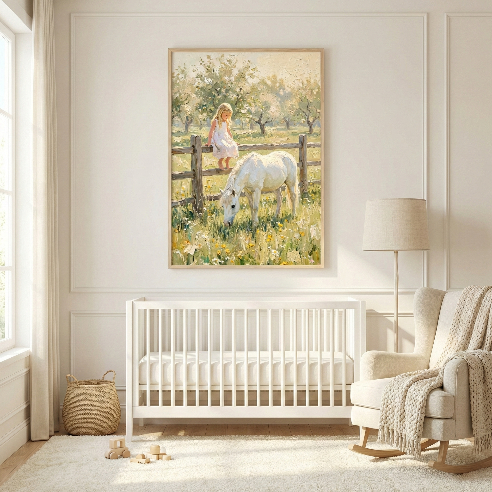 A bright, airy nursery features neutral tones and a white wooden crib against a paneled wall. Above the crib hangs a framed artwork showing a young girl in a white dress on a wooden fence beside a grazing white horse in a sunny field. To the right, an ivory rocking chair with a textured knit throw sits next to a tall floor lamp. A woven basket and small wooden toys rest on a white rug. Natural light enters from a window on the left, creating a peaceful atmosphere.