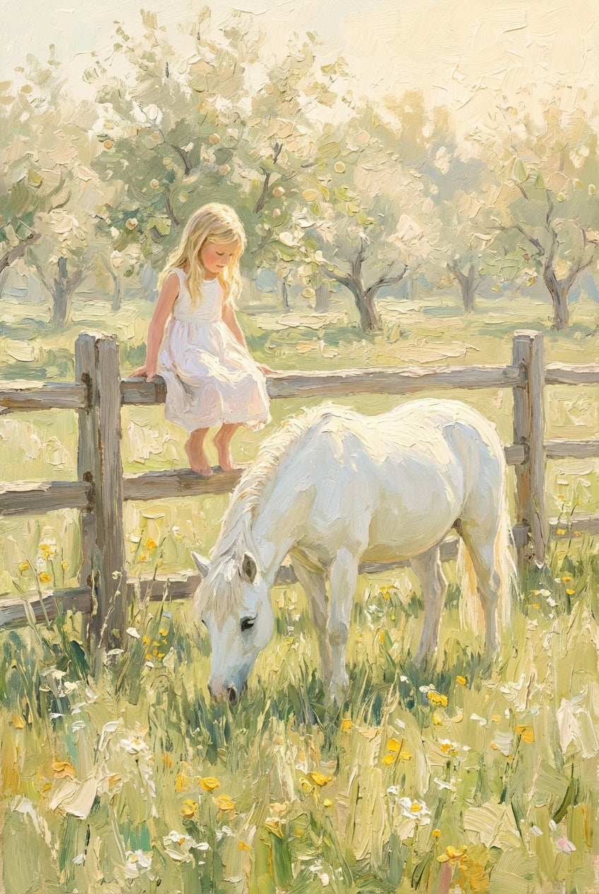 This impressionistic artwork features a young blonde girl in a white dress perched on a weathered wooden fence. She gazes down fondly at a small white pony grazing in a lush field of yellow wildflowers and tall grass. The background is filled with blossoming trees, all bathed in a warm, hazy golden light. The entire scene is rendered with thick, visible textured strokes, creating a soft and serene atmosphere of childhood wonder and nature.