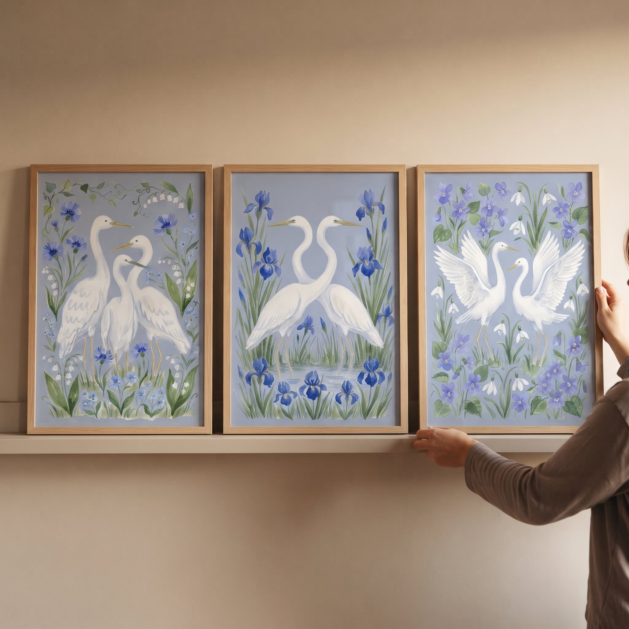 Blooming Blue White Egret Bird Wall Art Set of 3 - Azure Winged Grace
