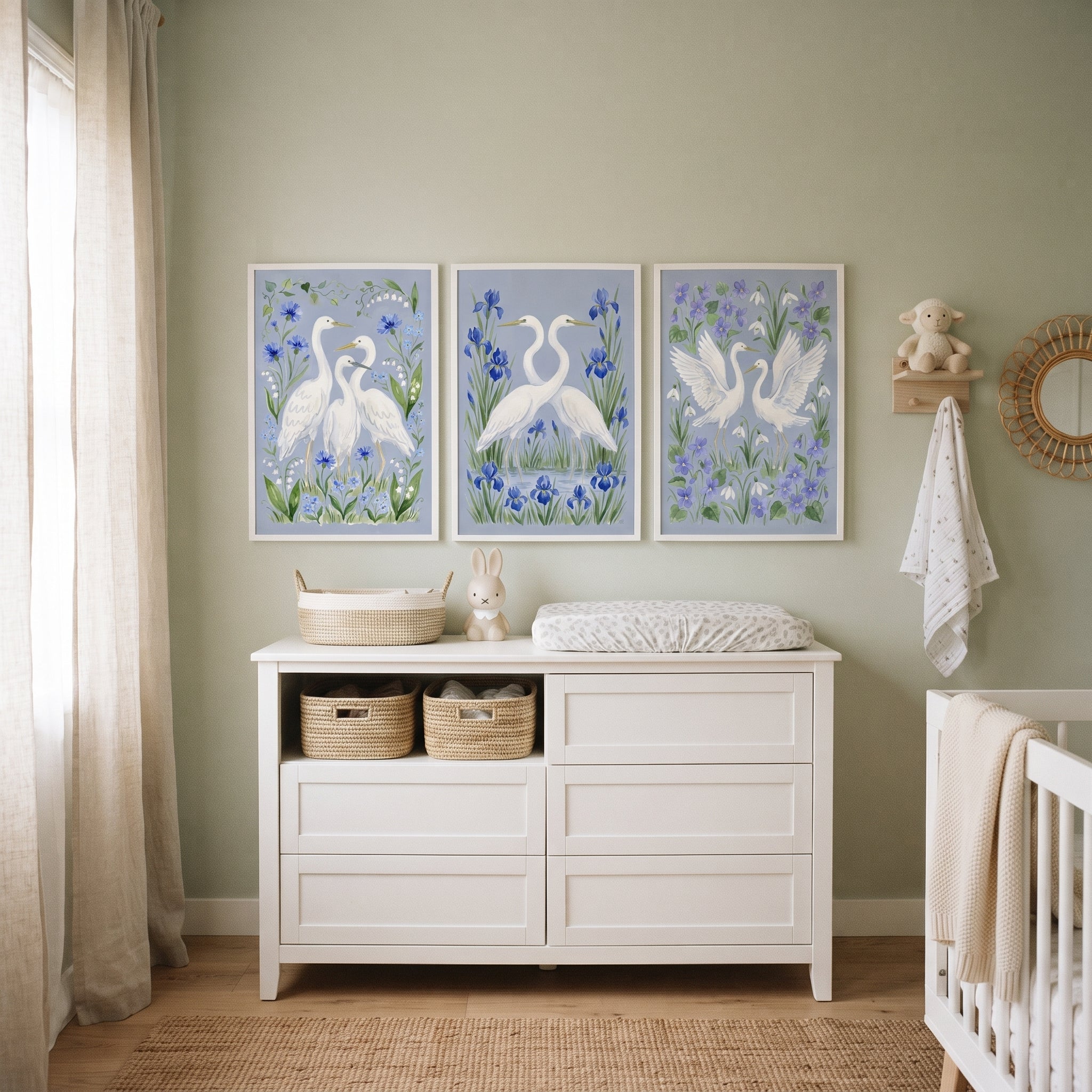 Blooming Blue White Egret Bird Wall Art Set of 3 - Azure Winged Grace