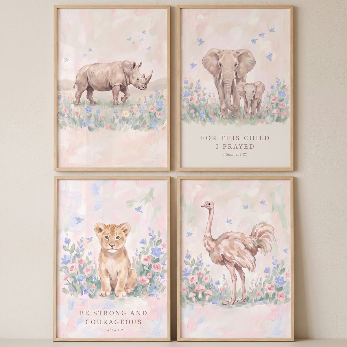 Floral blooming bluebird savanna animals wall art set of 4 featuring a rhino, elephants, lion cub, and ostrich.