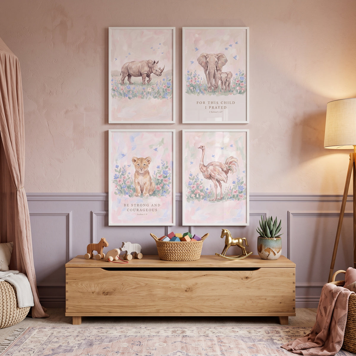 Blooming Bluebird Savanna Animals Wall Art Set of 4 - Sweet Savannah Scripture