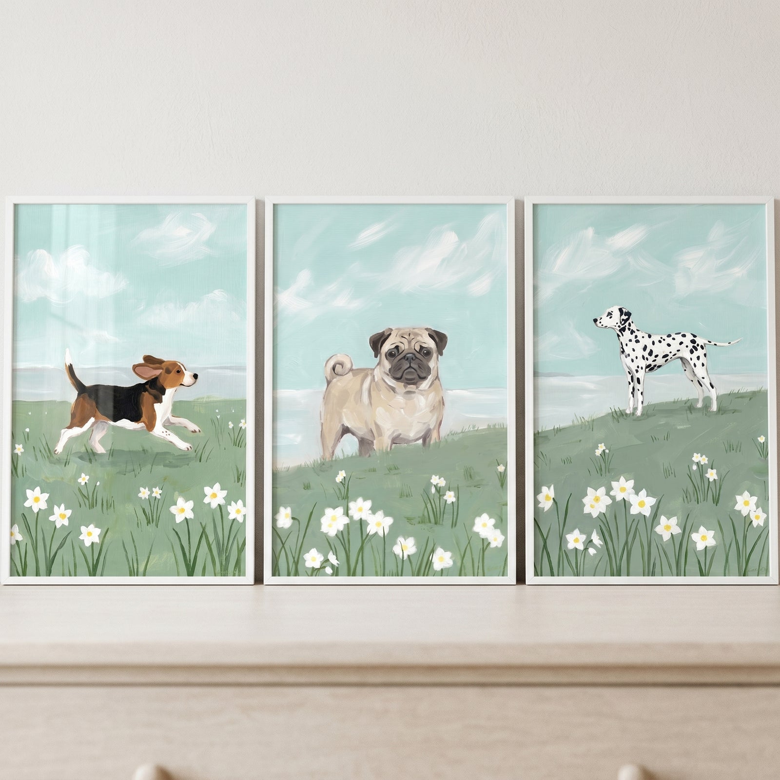 A running beagle, pug, and dalmatian in a blooming daisy field dogs wall art set of 3.