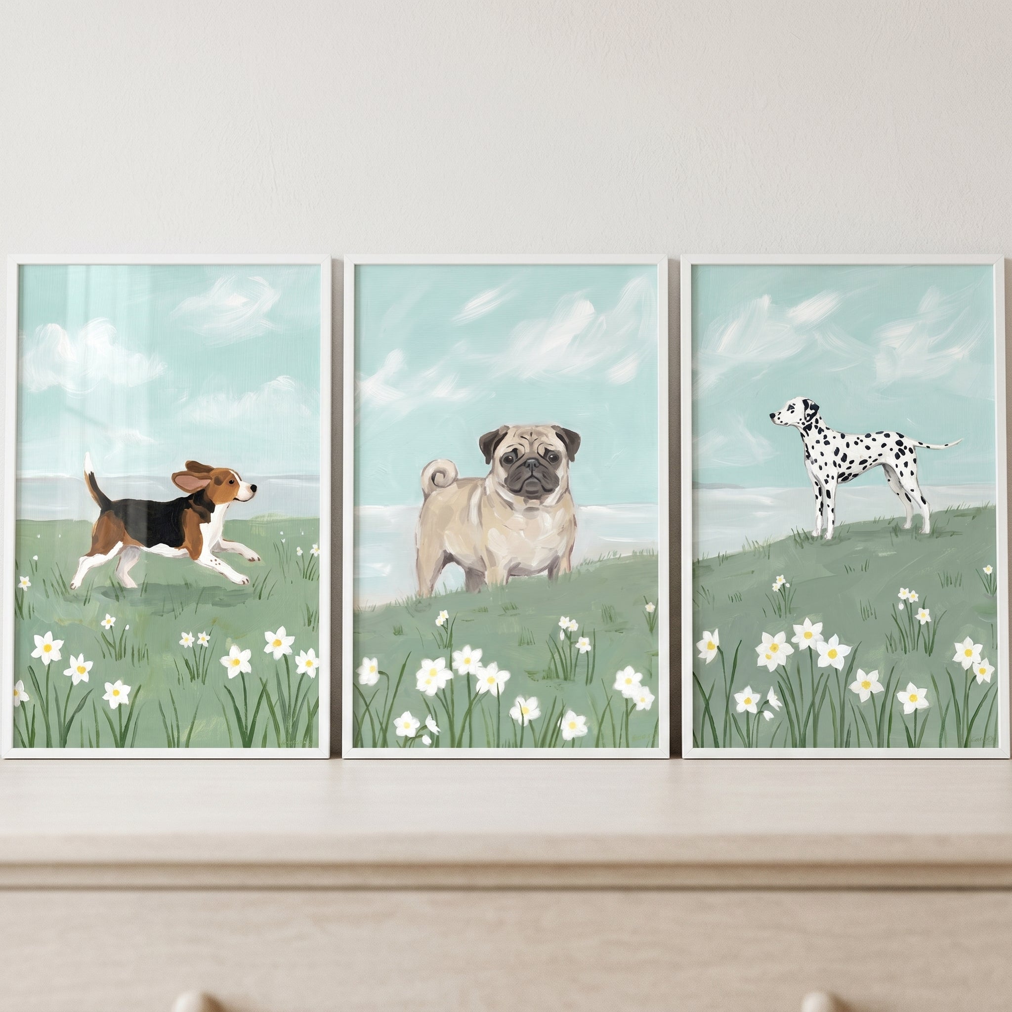 Blooming Daisy Field Dogs Wall Art Set of 3 - Meadow Pups