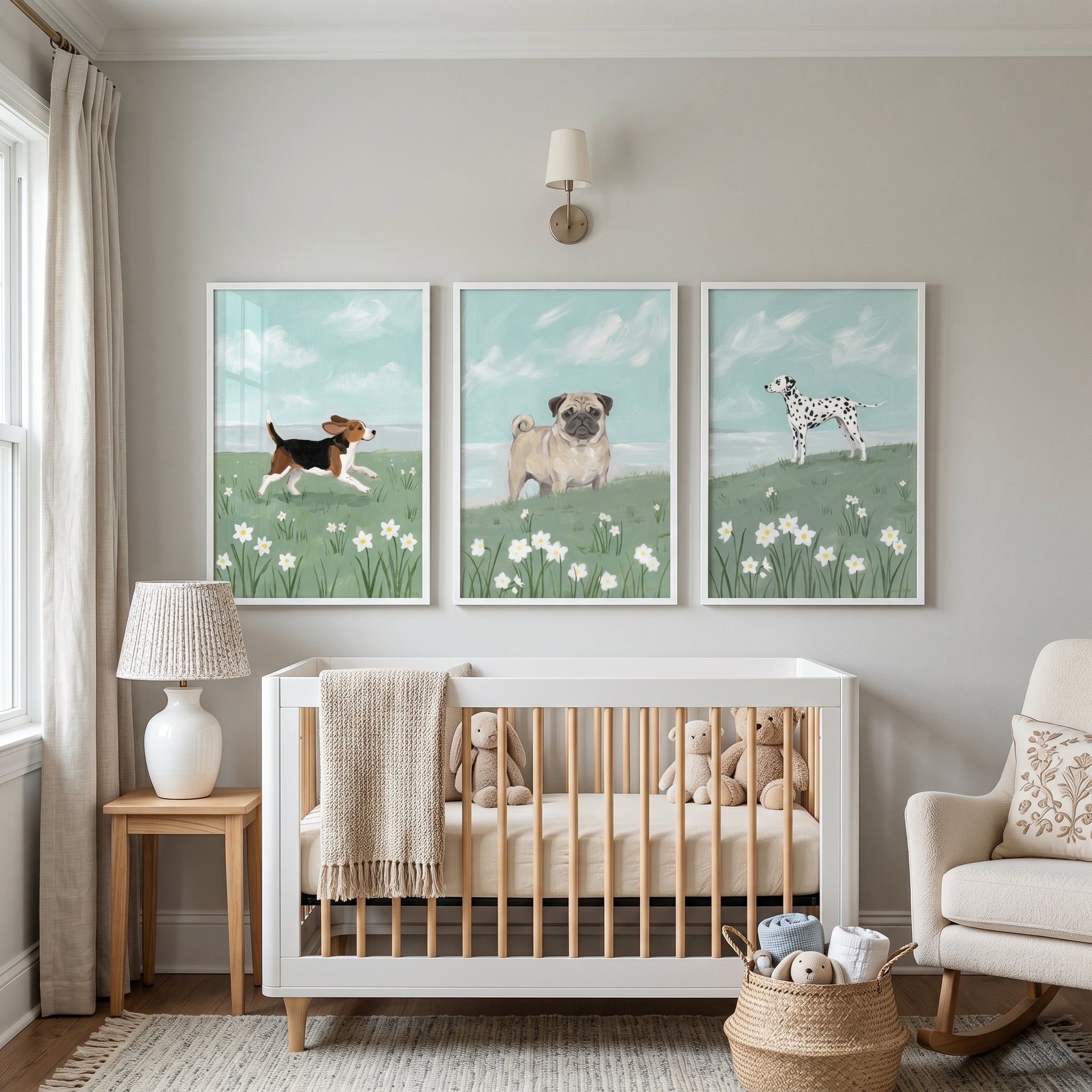 Blooming Daisy Field Dogs Wall Art Set of 3 - Meadow Pups