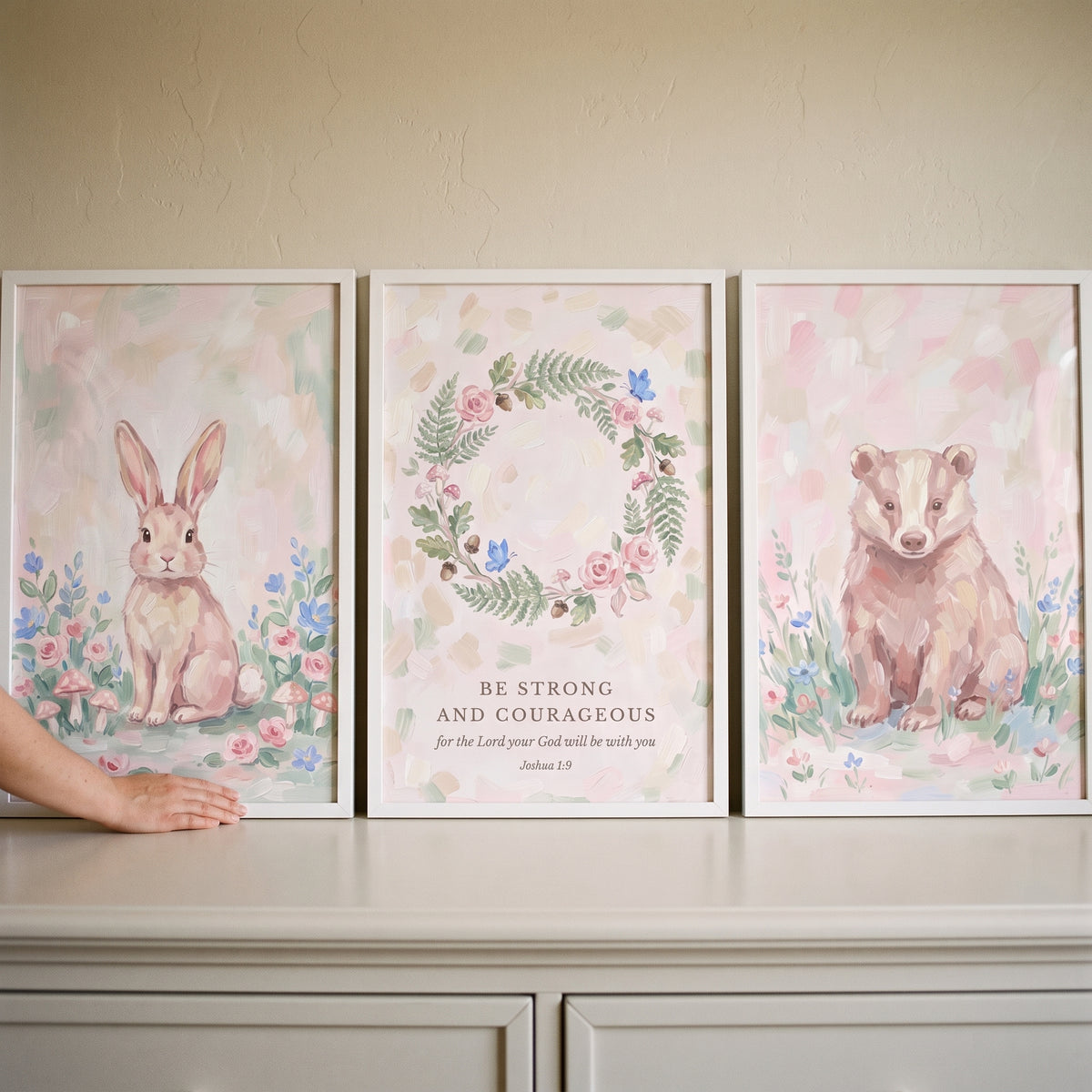 Blooming meadow forest floral wall art set of 3 featuring a rabbit, a badger, and a floral wreath with Joshua 1:9.